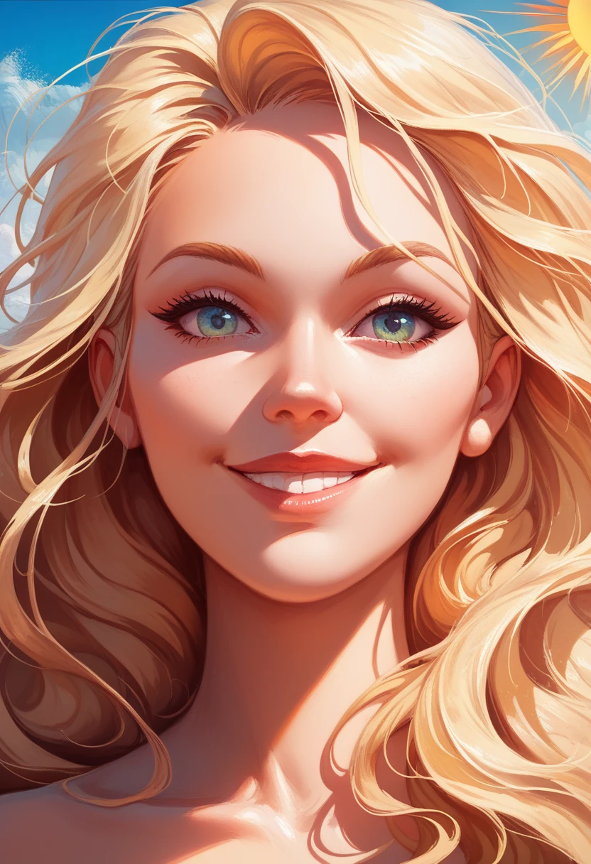 woman's face, long blonde hair, smiling, sun is red, (digital painting, concept art, smooth, sharp focus, intricate details, close-up, masterpiece: 1.2)