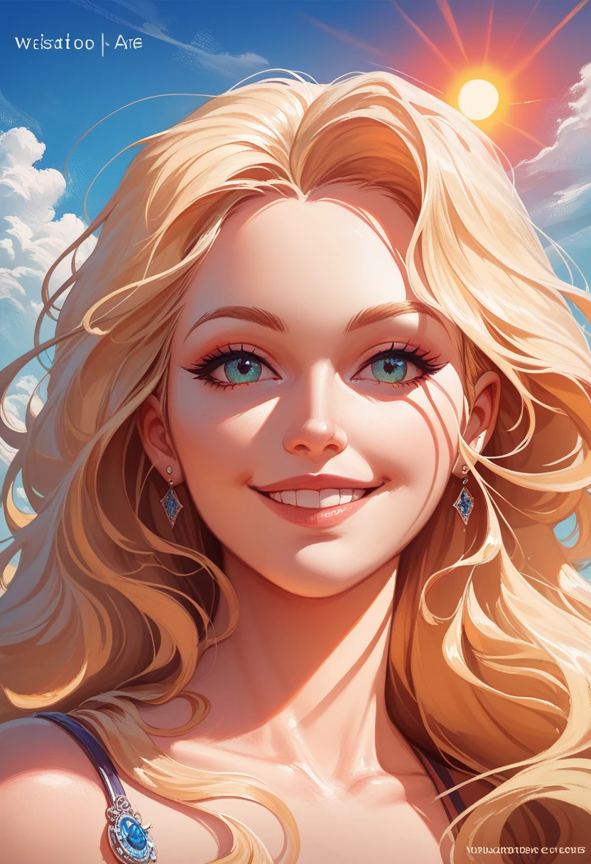 woman's face, long blonde hair, smiling, sun is red, (digital painting, concept art, smooth, sharp focus, intricate details, close-up, masterpiece: 1.2)