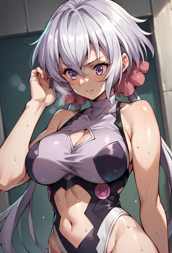 Chris_Yukine,Long hair, white hair, twintails, purple eyes, long breasts,head accessories,leotard, (navel cutout), Training, sweaty, breathing hard,