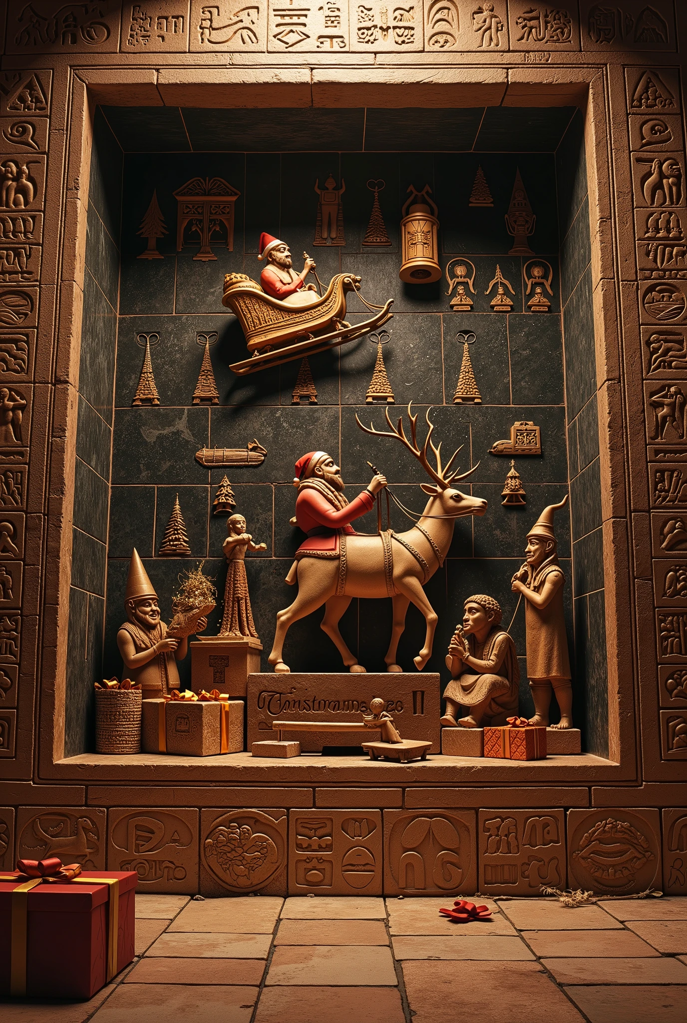 (This is the Valley of the Kings in Egypt. Inside the pyramid, in the dark King's Chamber, the marble walls are covered with hieroglyphs carved with Christmas trees, Santa Claus, reindeer pulling a sleigh, people celebrating Christmas, and Christmas presents. The square frame and the words 'Merry Christmas!' is carved on the wall.)