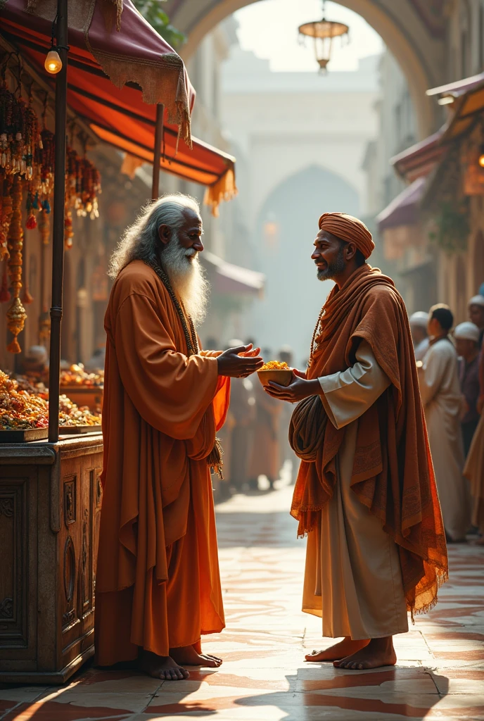 Generate a pic of a hindu man selling rakhi and on the other side a muslim man selling rakhi