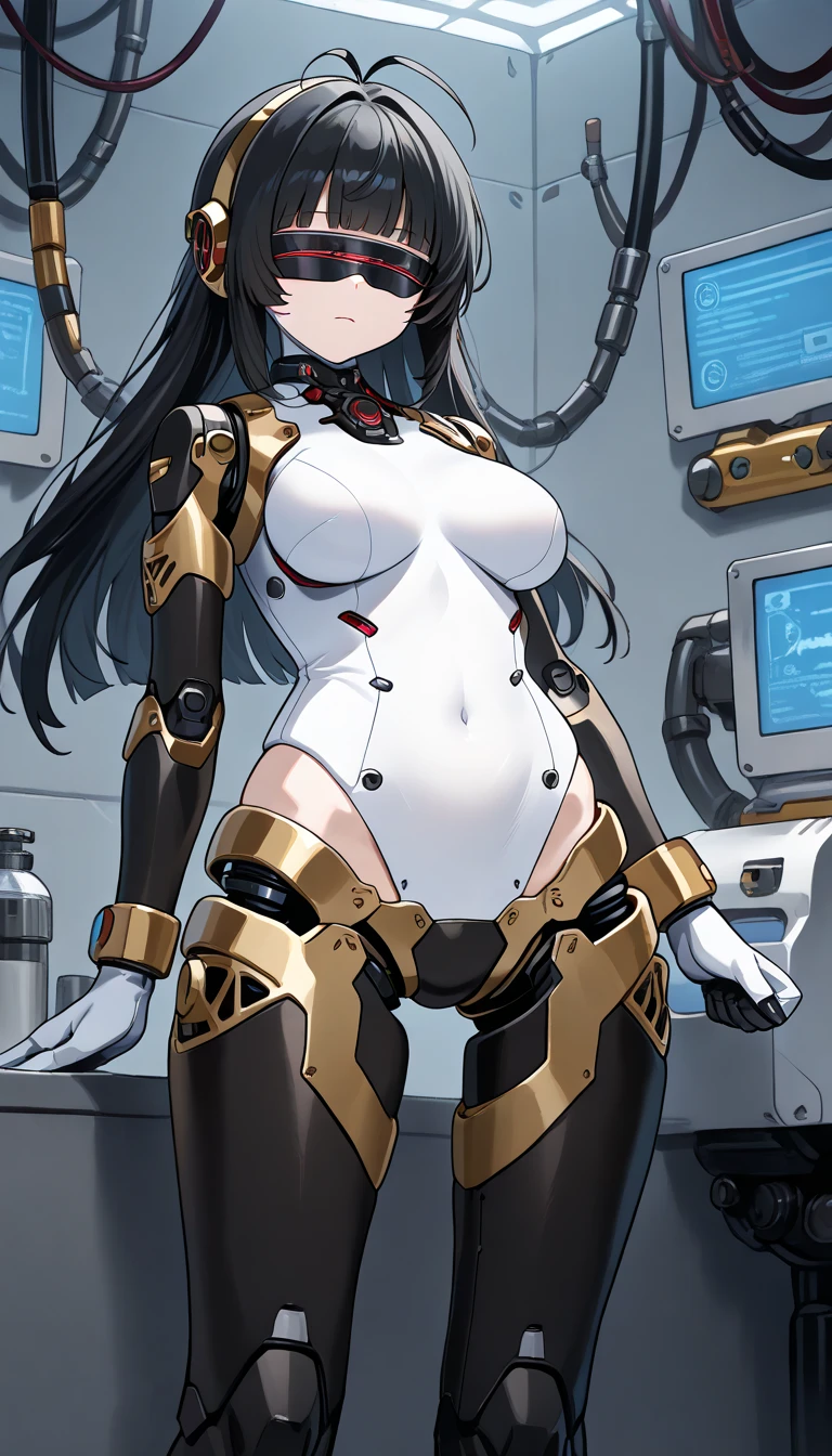 masterpiece, best quality, extremely detailed, (8K, 4K, Best Quality, hight resolution, 超A high resolution:1.1), ,8k portrait, Japaese android Girl,Plump , dark black leg cover,announcer,control panels,android,Droid,Mechanical Hand, Robot arms and legs, Black Robot Parts,Black long hair,Mechanical body,Blunt bangs,perfect mechanical abdomen,White robotics parts,perfect robot woman,future laboratory,cyber pank,charging spot,laboratory,long tube,thick cable connected her neck,white ceramic body ,perfect mechanical body, white robot body,lod antenna,mechanical ear cover,android,robot humanoid,black sponge joints,The removable cover is in the groin,The connection port is in the groin,opened chest panel,access panel on the chest,opened breast panel,perfect mechanical breast,perfect black machine body,perfect black android body,She has repaired,assembly plant,dark black tights,dark black leggings,smile,pussy,no human skin,visor