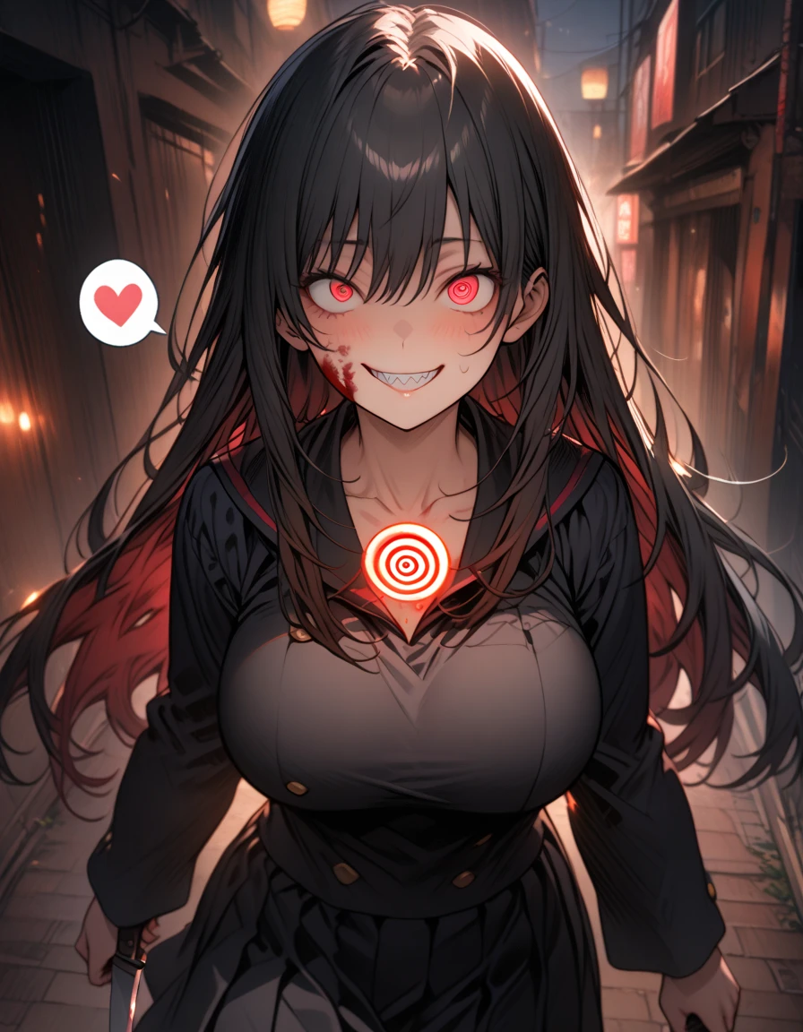 Masterpiece,best quality, (highly detailed CG illustration),very aesthetic,recent,detailed eyes,1 woman,matured female,(looking at viewer),glowing red eyes,black hair,straight long hair,(large breast:1.05),(black highschool uniform,gold button),half-closed eye,BREAK,blood on her face,red blush,(spiral eyes:1.25),(mad grin),(yandere smile),holding a knife,walking to viewer,(spoken heart),sharp teeth,night street,cowboy shot,(from front)