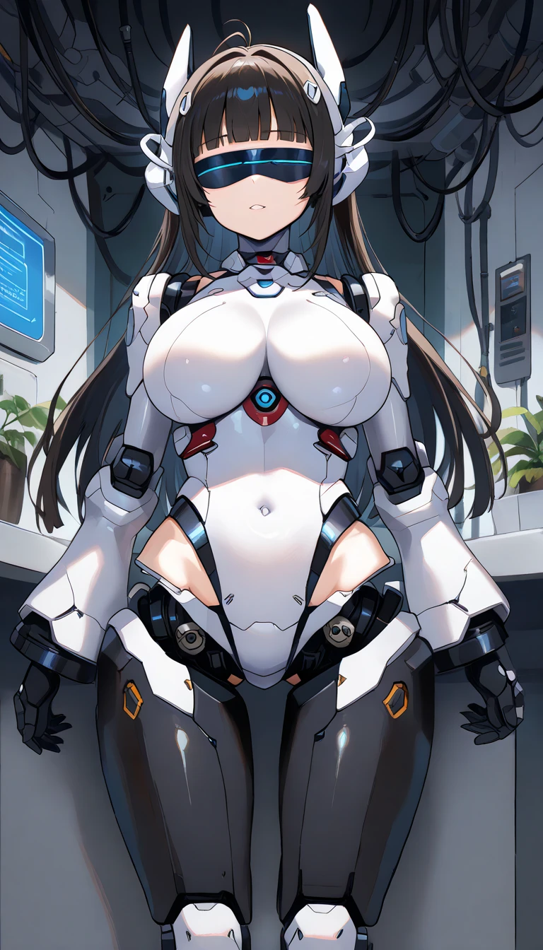 masterpiece, best quality, extremely detailed, (8K, 4K, Best Quality, hight resolution, 超A high resolution:1.1), ,8k portrait, Japaese android Girl,Plump , dark black leg cover,announcer,control panels,android,Droid,Mechanical Hand, Robot arms and legs, Black Robot Parts,Black long hair,Mechanical body,Blunt bangs,perfect mechanical abdomen,White robotics parts,perfect robot woman,future laboratory,cyber pank,charging spot,laboratory,long tube,thick cable connected her neck,white ceramic body ,perfect mechanical body, white robot body,lod antenna,mechanical ear cover,android,robot humanoid,black sponge joints,The removable cover is in the groin,The connection port is in the groin,opened chest panel,access panel on the chest,opened breast panel,perfect mechanical breast,perfect black machine body,perfect black android body,She has repaired,assembly plant,dark black tights,dark black leggings,smile,pussy,no human skin,visor