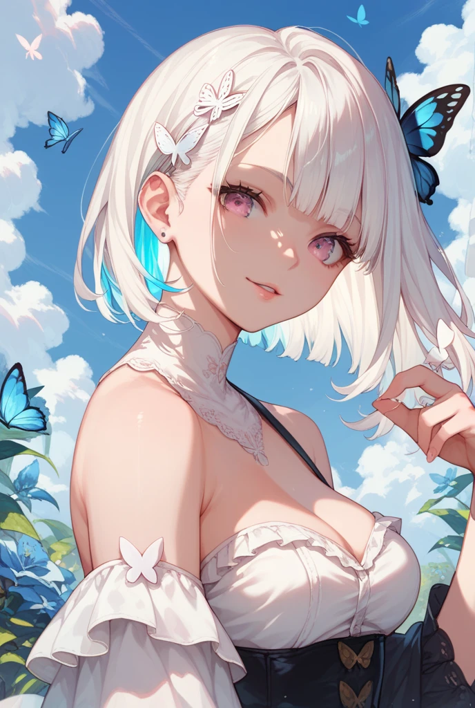 character sheet, (best quality,ultra-detailed,highres,masterpiece:1.2), happy face, smile face, joy expression, open mouth a little, teeth, canine teeth, bare shoulders, careful with hand,beautiful anime girl with white hair and yellow eyes, very young, childish face, short hair, d&d, (joy), (happy), (laugh), happy vibrant expression, smile,deep and expressive yellow eyes, porcelain skin,subtle blush on cheeks,attention to eye and lip details, forest ambient, rogue class, leather fantasy outfit, BREAK (masterpiece:1.2), best quality, high resolution, unity 8k wallpaper, (illustration:0.8), (beautiful detailed eyes:1.6), extremely detailed face, perfect lighting, extremely detailed CG, (perfect hands, perfect anatomy),