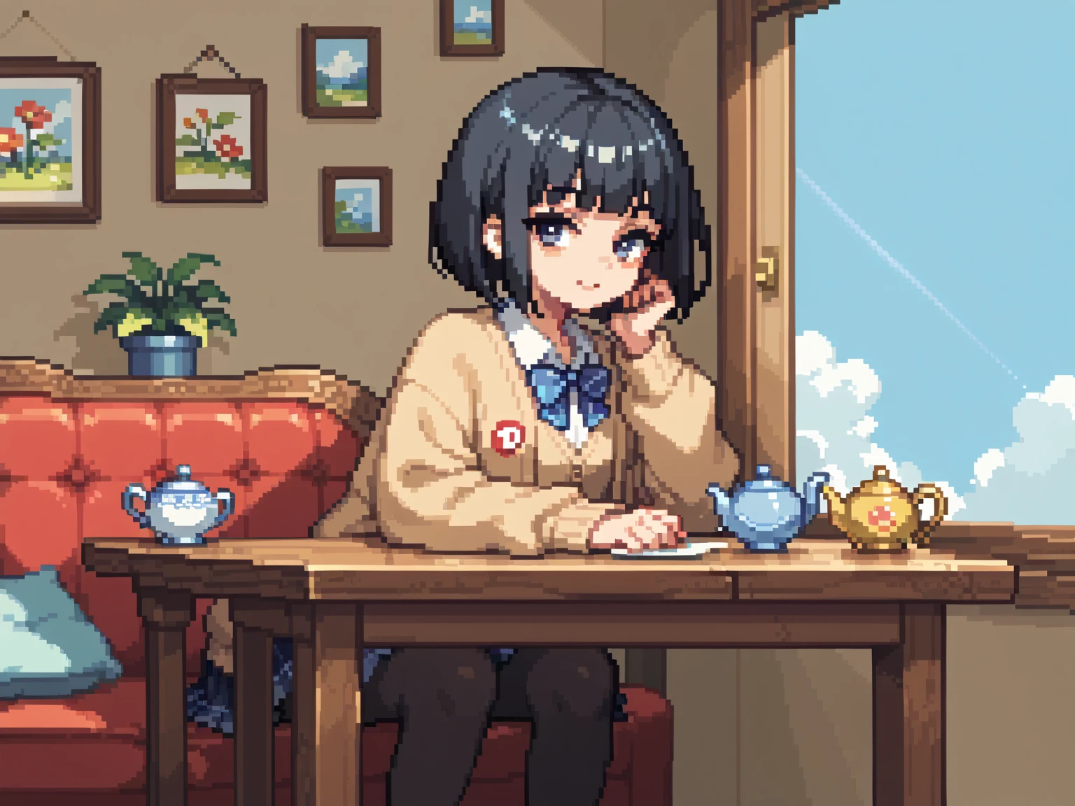  pixel art、solo,2D, beautiful illustration ,from front,throw,tea shop,lounge,Sitting facing the Viewer on a square table, looking at viewer,School uniform, Cardigan,black hair ,blunt bangs,bob cut hair,bags、Sofa,Window、 big window, cool vibe