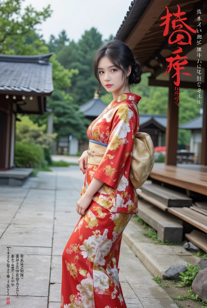 Japanese AVMagazine cover, 1girl, Alone,Japanese women(Wearing Japanese Yukata,),Japanese outdoor，UHD, masterpiece, high details, high quality, best quality,  highres icon