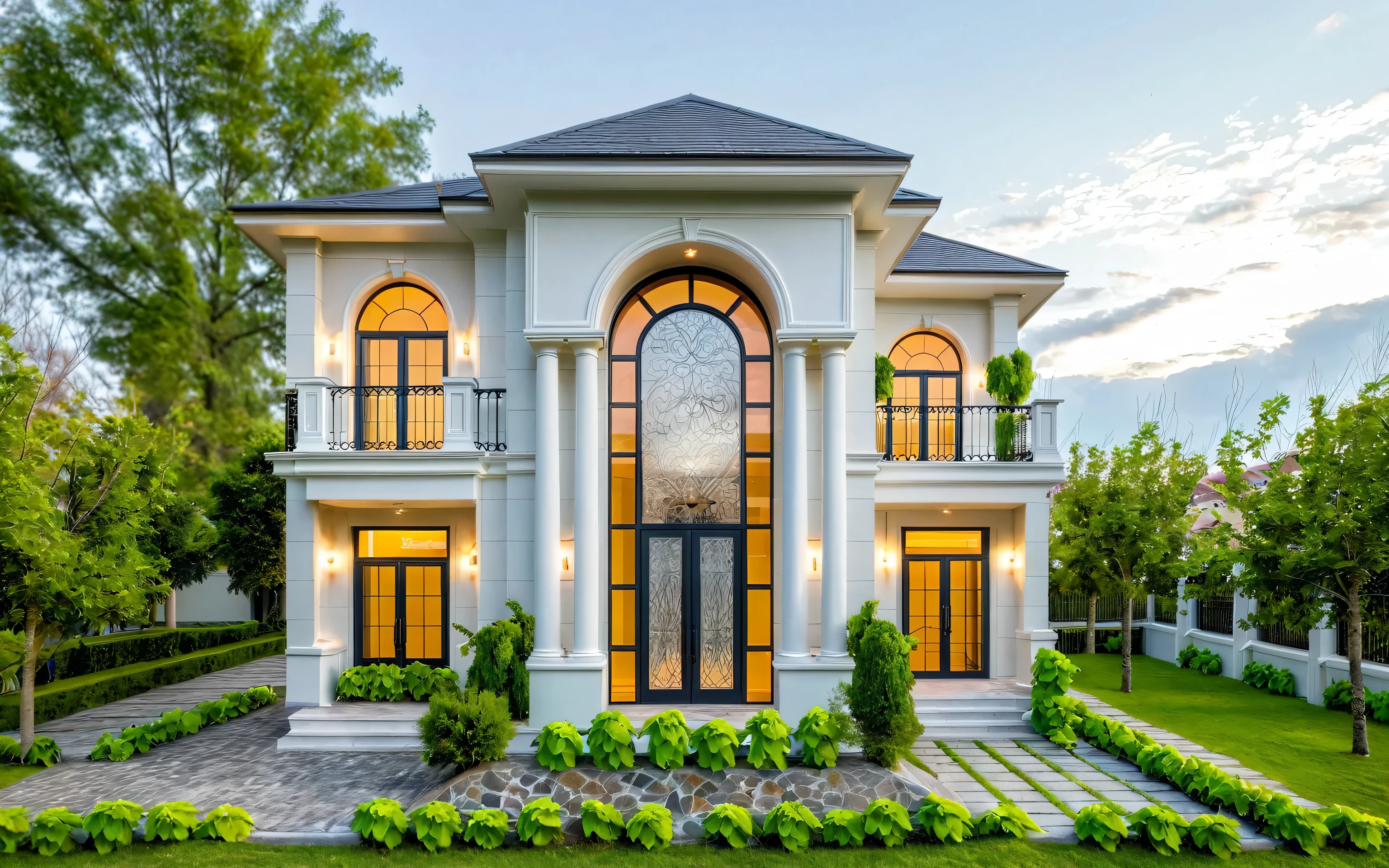 Neoclassical architecture, white walls, balconies, artistic iron railings, curved aluminum glass doors , high quality, best quality, authentic, super detail, outdoors, onestoreyvillaXL, aiaigroup, grass, trees, sky, cloud,