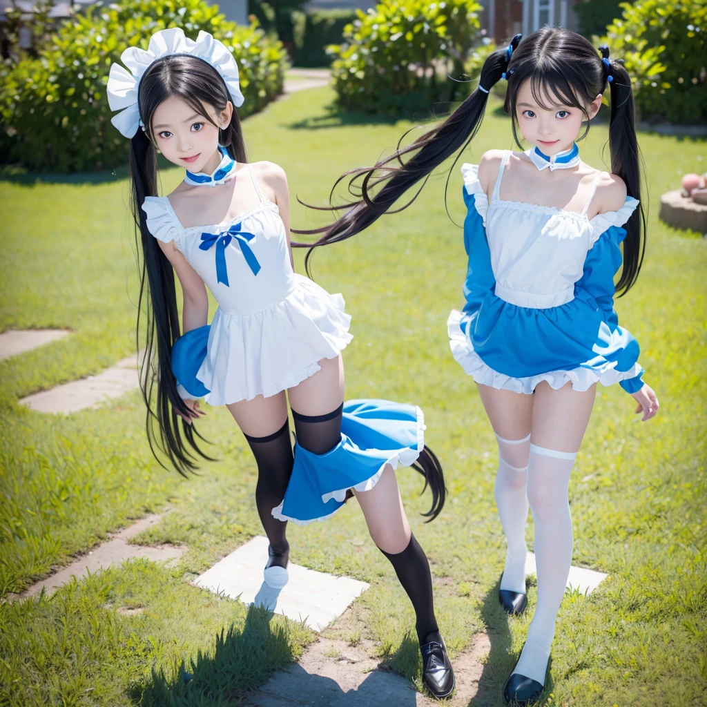 A real photo of a joyful  Korean girl wearing a short blue Alice in Wonderland dress with a white frilly apron. Her dress is dramatically lifted by a strong wind in a whimsical and natural way, fully revealing a clean white diaper underneath with refined floral designs, ensuring it looks neat and aesthetically pleasing. She stands modestly with her legs together, wearing white knee-high socks extending just below her knees and polished black Mary Jane shoes. Her expression is cheerful and youthful, adjusted to reflect a  appearance with neat pigtails. The background features a whimsical, colorful garden with oversized mushrooms, vibrant flowers, and a magical rainbow, presented in a 16:9 aspect ratio for a wide and immersive scene.