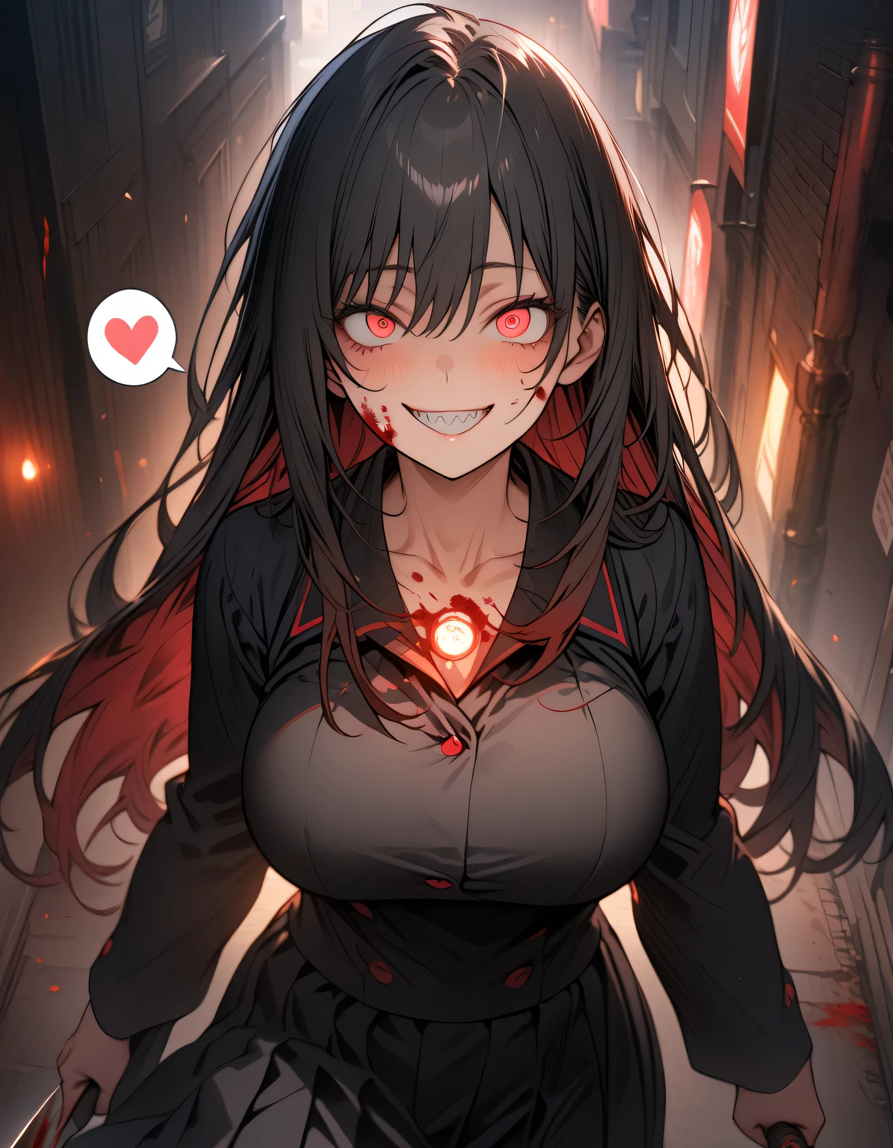 Masterpiece,best quality, (highly detailed CG illustration),very aesthetic,recent,detailed eyes,1 woman,matured female,(looking at viewer),glowing red eyes,black hair,straight long hair,(large breast:1.05),(black highschool uniform,gold button),half-closed eye,BREAK,blood on her face,red blush,(spiral eyes),(mad grin),(yandere smile),holding a knife,walking to viewer,(spoken heart),sharp teeth,night street,cowboy shot,(from front)