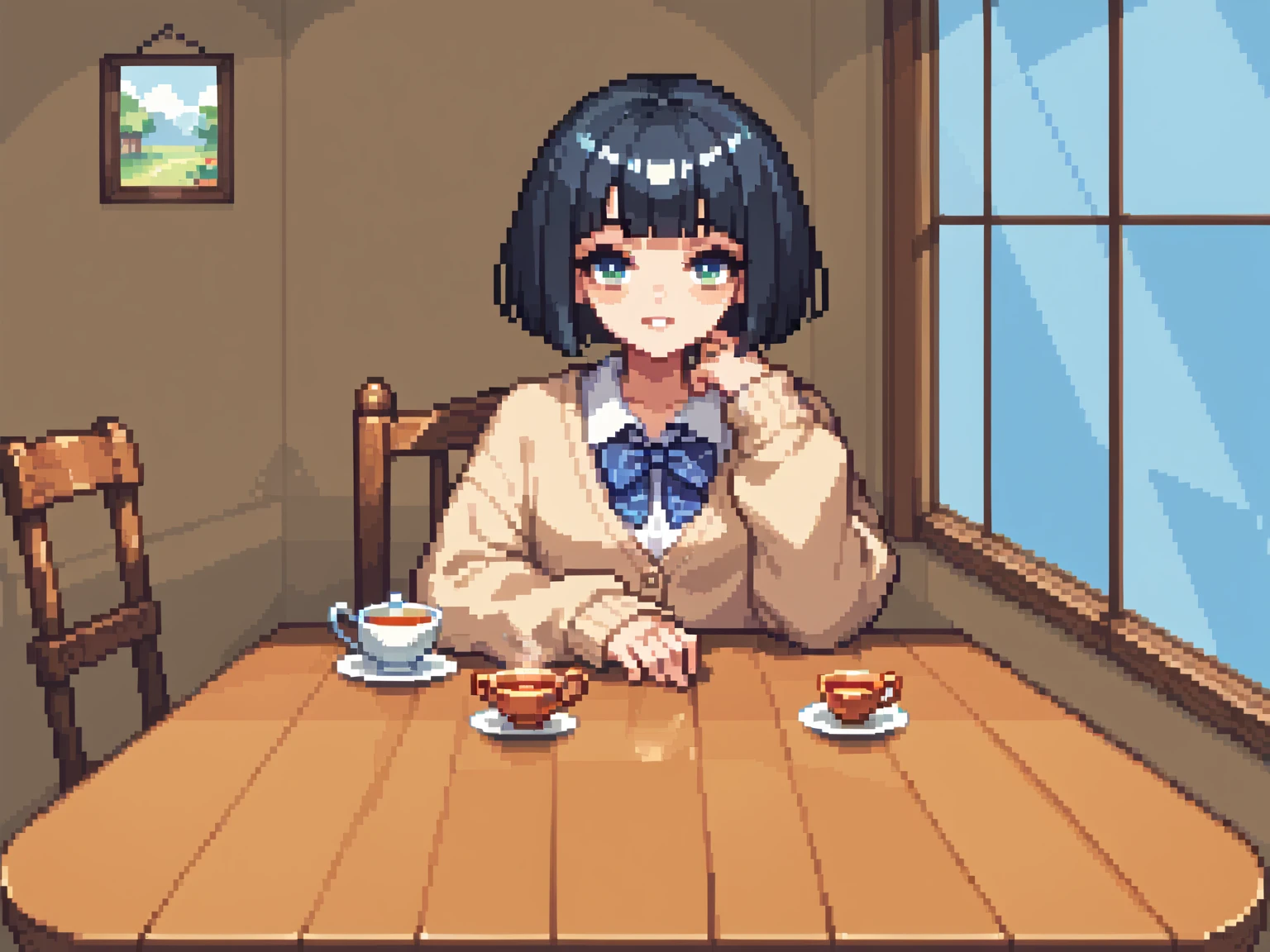  pixel art、solo,2D, beautiful illustration ,throw,tea shop,lounge,Sitting facing the Viewer on a square table, looking at viewer,School uniform, Cardigan,black hair ,blunt bangs,bob cut hair,bags、Sofa,Window、 big window, cool vibe