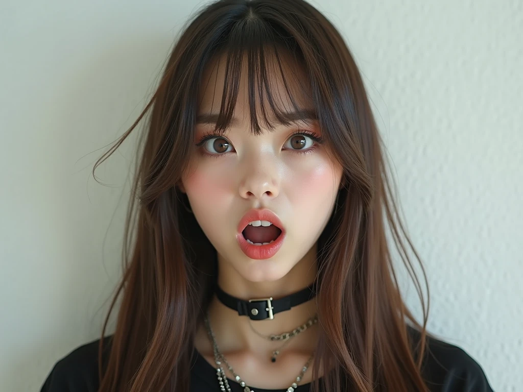 ,1 girl、Taylor Hill、1 girl、超High resolution, retina, Accurate, masterpiece, Anatomically correct, Super Detail, Textured skin, Attention to detail, high quality, High resolution, 8k、Big double eyes、nose、The focus is on the mouth、close-up focus on face、Woman with open mouth and closed eyes、18-year-old、Black Hair、tongue out, tongue, Saliva trace,, Ahegao, long tongue, Gray background,
