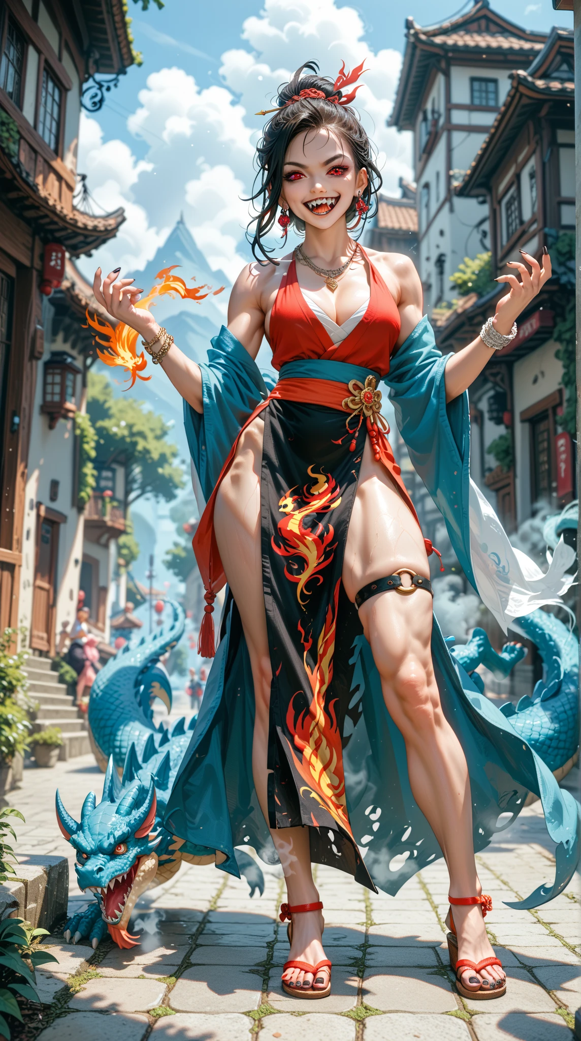 Beautiful in Hanfu with lake in background, girl standing with cyan Chinese dragon, (Dragon: 1.4), Dragon Facing Lens, (Realistic, Photo Realistic: 1.3), Extremely Delicate and Beautiful, Amazing, Fine Detail, (Best Illustration), (Best Shadow), Intricate, Behind a Cyan Chinese Dragon (Dragon: 1.4), Water Surrounding, Lake Water in Background, Black Mountains, Trees, Wind, Long Wavy Body, Fangs, Fantasy, Mythology, High Quality, Highly Detailed, Epic, Particle Effects, Dynamic Effects, Surround), Clouds, Sunset, Sharp Focus, Volumetric Fog, 8K Ultra HD, DSLR, High quality, (Film grain: 1.4), Fujifilm XT3,Official Art, Unity 8K wallpaper, Super detailed, Beautiful and beautiful, Best quality, (Tangled, entangled), (Fractal Art: 1.4), 1 girl, Chinese, gorgeous hanfu skirt, calf, navel, very detailed, dynamic angle, denim lenost beautiful chaotic shape), flowing, (bright colors), OC, (half: 1.2), china, (tape: 1.3), (dream: 1.5), (Hanfu: 1.5), (Smile: 0.5), (Chinese God 1.3), Complex, Ultra Detailed, (Skin Dents), Female, Detailed Body, (Detailed Face: 1.1), (Contour Iris), (Watercolor Lenses), (Perfect Eyes), Gorgeouasterpiece: 1.2), (Best Quality: 1.2), Wide Buttocks, Thick Thighs, (Big Tits: 1.2) and (Big Breasts: 1.2), Detailed Background, Cinematic Light, Best Shadow, Cute Detail Face, Dramatic Light, Intricate details, flowing long hair, ethereal light, wide angle, solo, full body, colorful, flame, charming, enchanting, mature woman, thin waist, gorgeous goddess, Buddha-figure, absurd long hair, pale gold eyes, looking at the audience, delicate pattern, precious stone, gold, diamond, fine feathers, volumetric light, holiness, backlight, opposite, girl with antler decoration on her head, girl with black hair, hair bobbles, wince, longeyelashes, solid circle eyes, fake animal ears, light smile, ear blush, fang, China Dragon, Take a photo with the Chinese dragon, Behind the girl stood a Chinese dragon, There are splashing scenes, water bloom, The picture has tensio