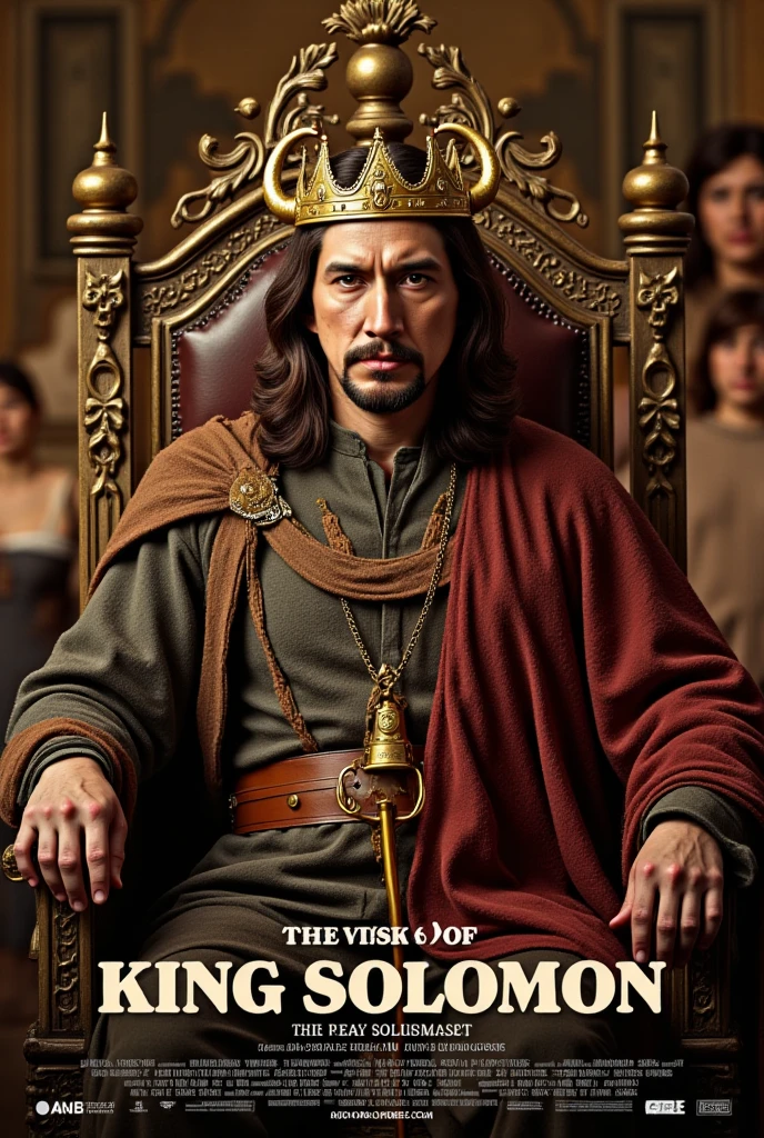 Movie poster, title is dancing decoration white letter "wisdom of Solomon" writhing bottom screen, leading actor is Adam Driver, background another actress , etc, Side view,  Sitting pose,  King Solomon is sitting gorgeous lion design chair,  1 Jewish man, 50 -age, bread, serous, king gold crown with 6 horn, (ancient wool cloths, leather belt with gold buckle,  red clock) leather sandal, hand hold golden shepherd type long cane,  in king palace , noon, summer,  (textured skin , HI detail skin , slightly, Canon, 8k, anatomically accurate , super detailed, attention to detail, Your Highness) 