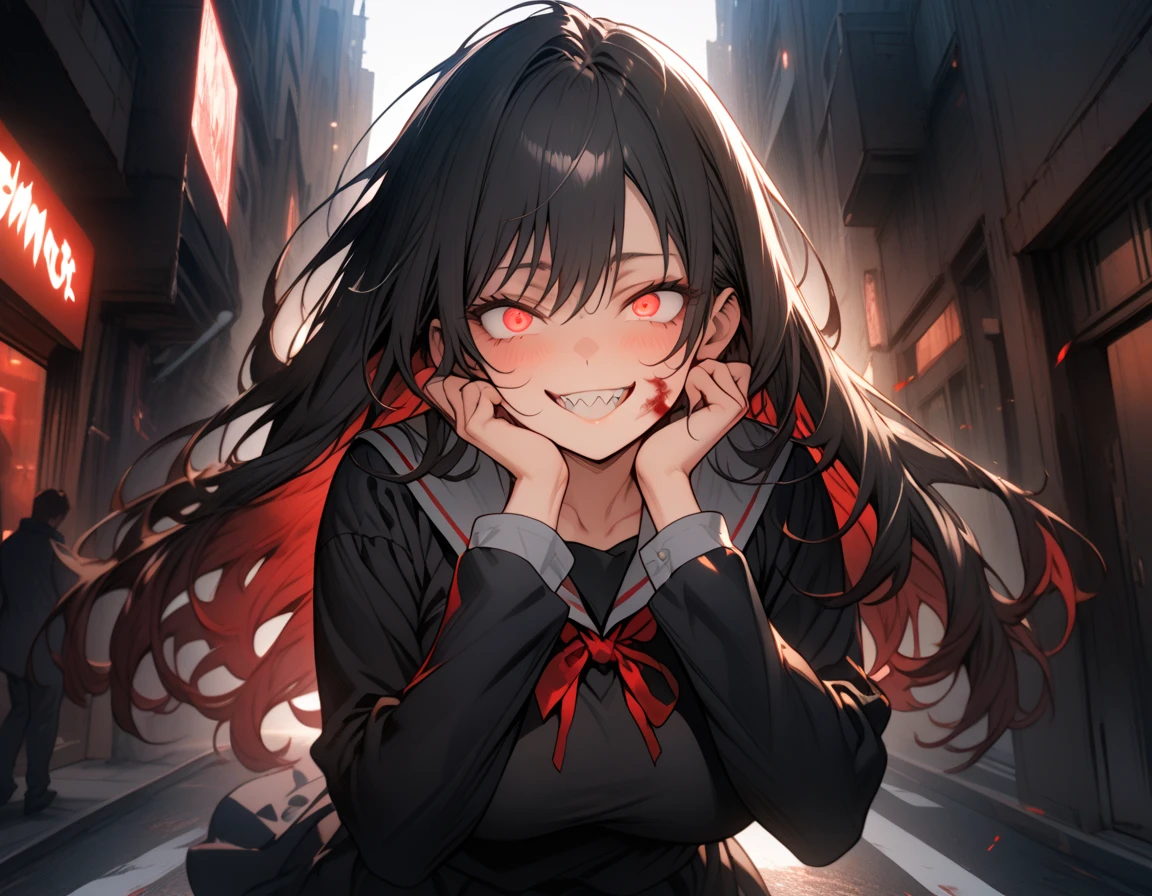 Masterpiece,best quality, (highly detailed CG illustration),very aesthetic,recent,detailed eyes,1 woman,matured female,(looking at viewer),glowing red pupil,black hair,straight long hair,(large breast:1.05),(black highschool uniform,white line,gold button),half-closed eye,BREAK,blood on her face,red blush,(spiral eyes),(mad grin),(yandere smile),hands on own cheek,walking to viewer,(spoken heart),sharp teeth,night street,cowboy shot,(from front)