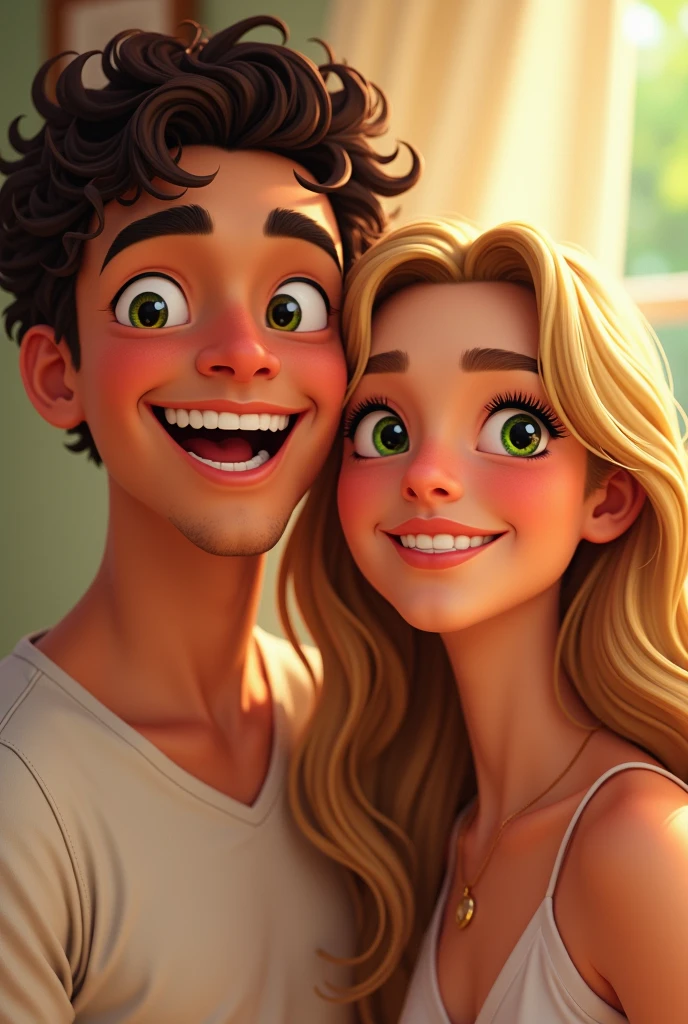 A guy with white t-shirt standing beside a young woman with yellow hair and white sleeveless dress at a shopping mall, pixar style, cinematic, masterpiece, high-aesthetic, realistic 