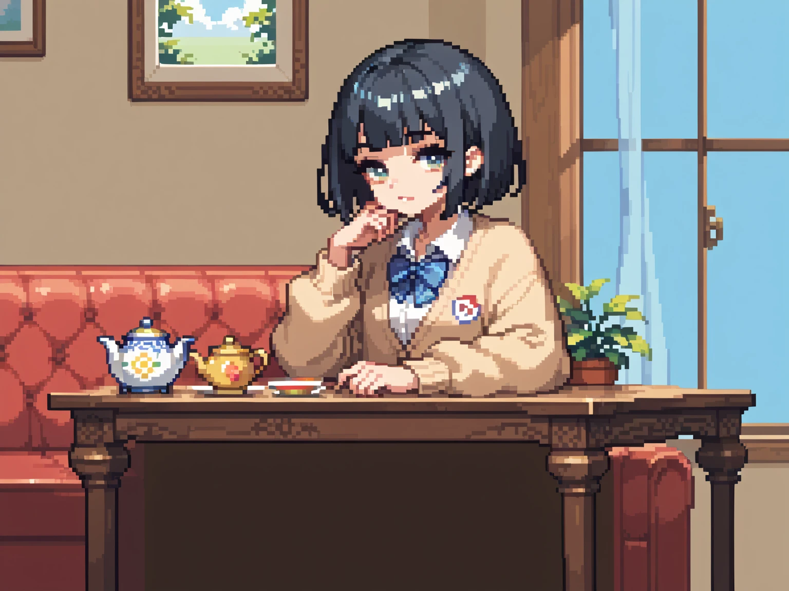  pixel art、solo,2D, beautiful illustration ,throw,tea shop,lounge,Sitting facing the Viewer on a square table, looking at viewer,School uniform, Cardigan,black hair ,blunt bangs,bob cut hair,bags、Sofa,Window、 big window, cool vibe