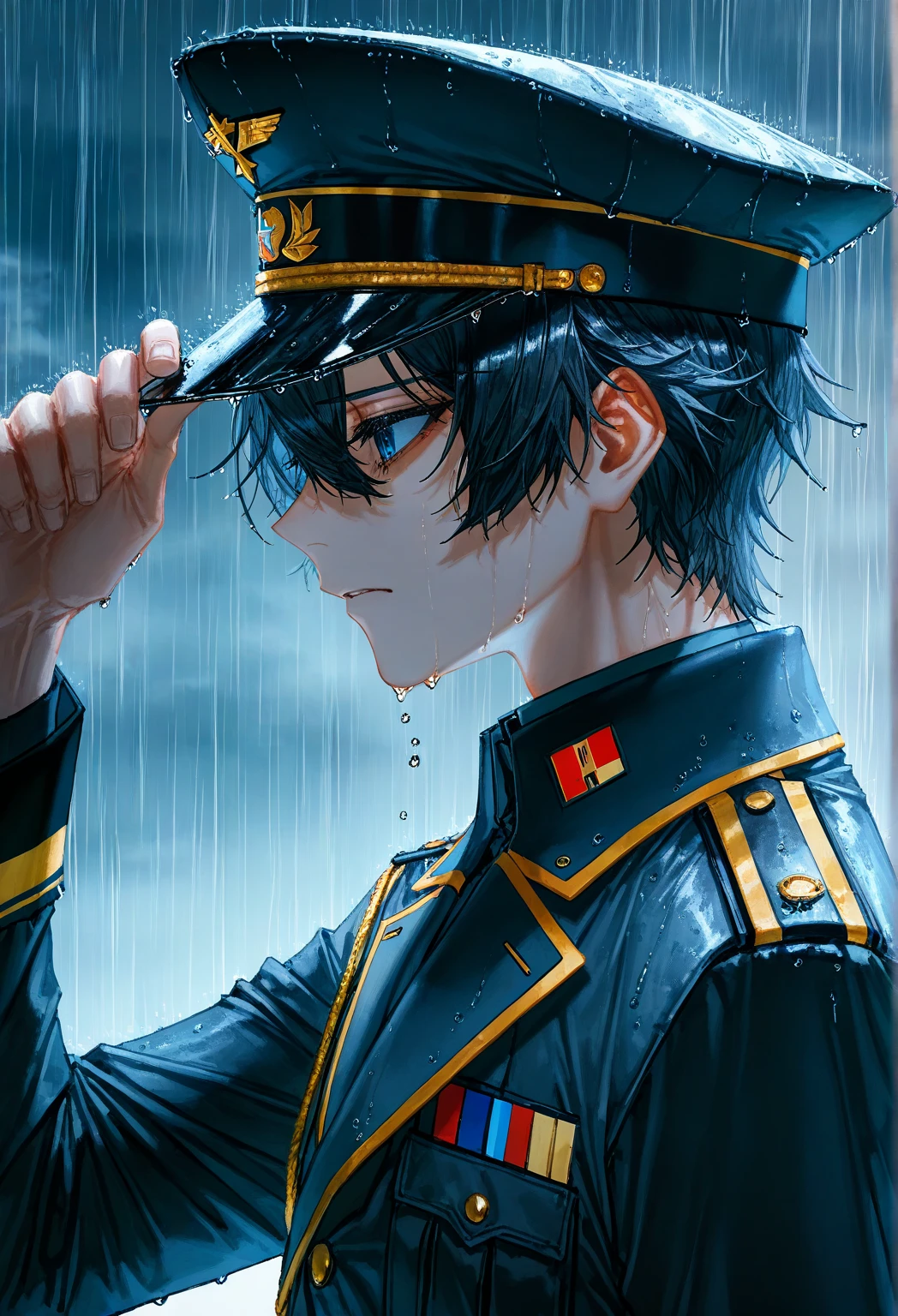 quasarcake, masterpiece, best quality, 1boy, mature, from side, hat tip, military hat, military uniform, rain, raindrop, close up, sad scene, depressing scene