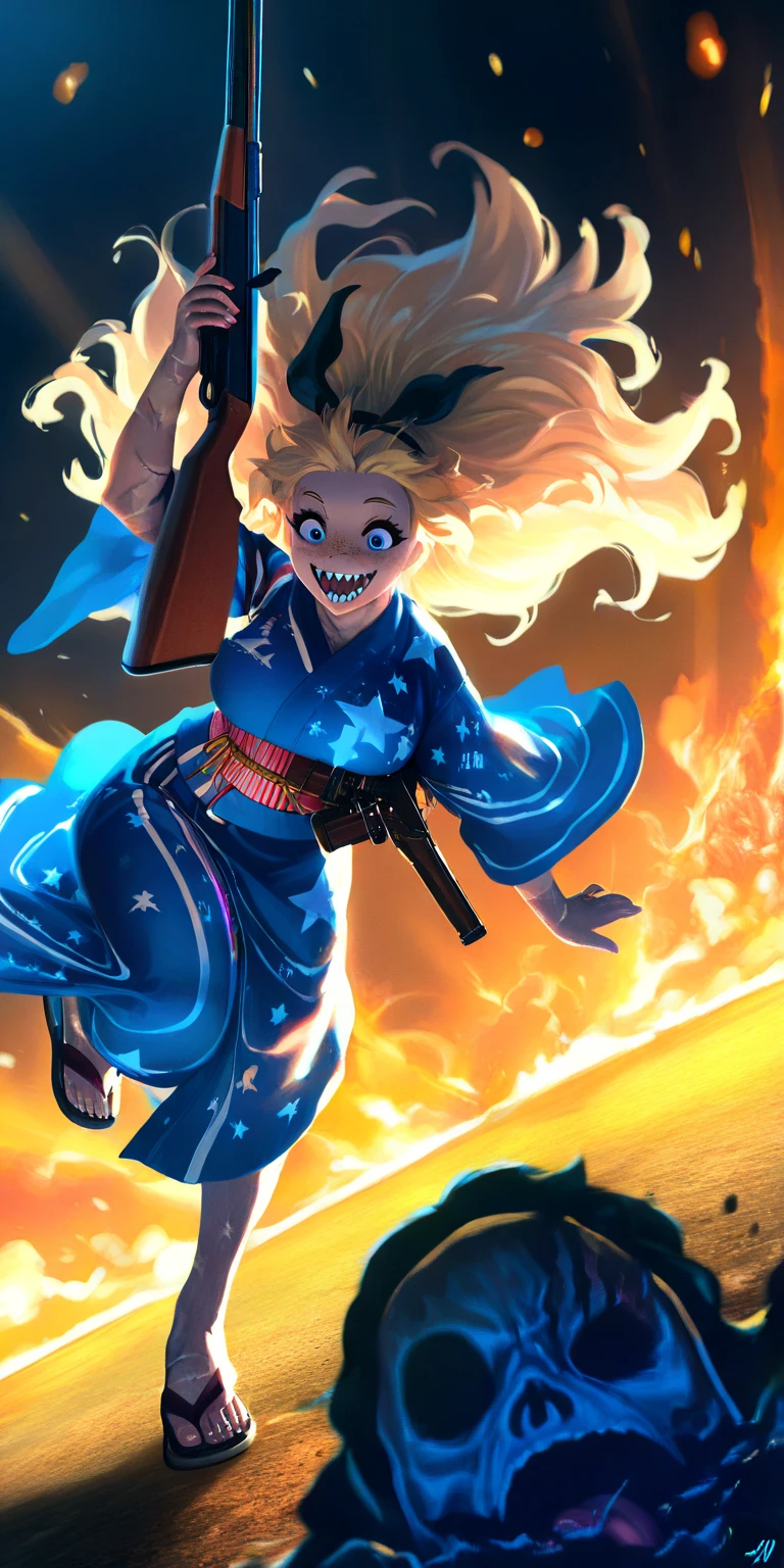 1girl\(american,(blonde),big hair ribbon,tatoo,(Freckles),(Muscular), big blue eyes,beautiful eyes,big breast,wearing beautiful yukata\(american flag\(Stars and stripes\) design\),holding shotgun, shooting, Grenades exploding, gun belts, wavy hair long hair,floating hair, (scar on face),open mouth,smile, sharp teeth, tongue, drinking Tequila by Bottle,dynamic action, dynamic angle,mad eyes\) at (kyoto japan), so many (zombie around), apocalips, dooms day,red black sun. BREAK .quality\(8k,wallpaper of extremely detailed CG unit, high resolution, top-quality, top-quality real texture skin, hyper realistic, increase the resolution, RAW photos, best quality, highly detailed, the wallpaper, golden ratio, high saturation realism, vibrant colors, dramatic lighting, persuasive storytelling, atmospheric scenery, captivating visuals, intricate details, strong emotions, dreamlike world\),dynamic angle,dutch angle,action movie,