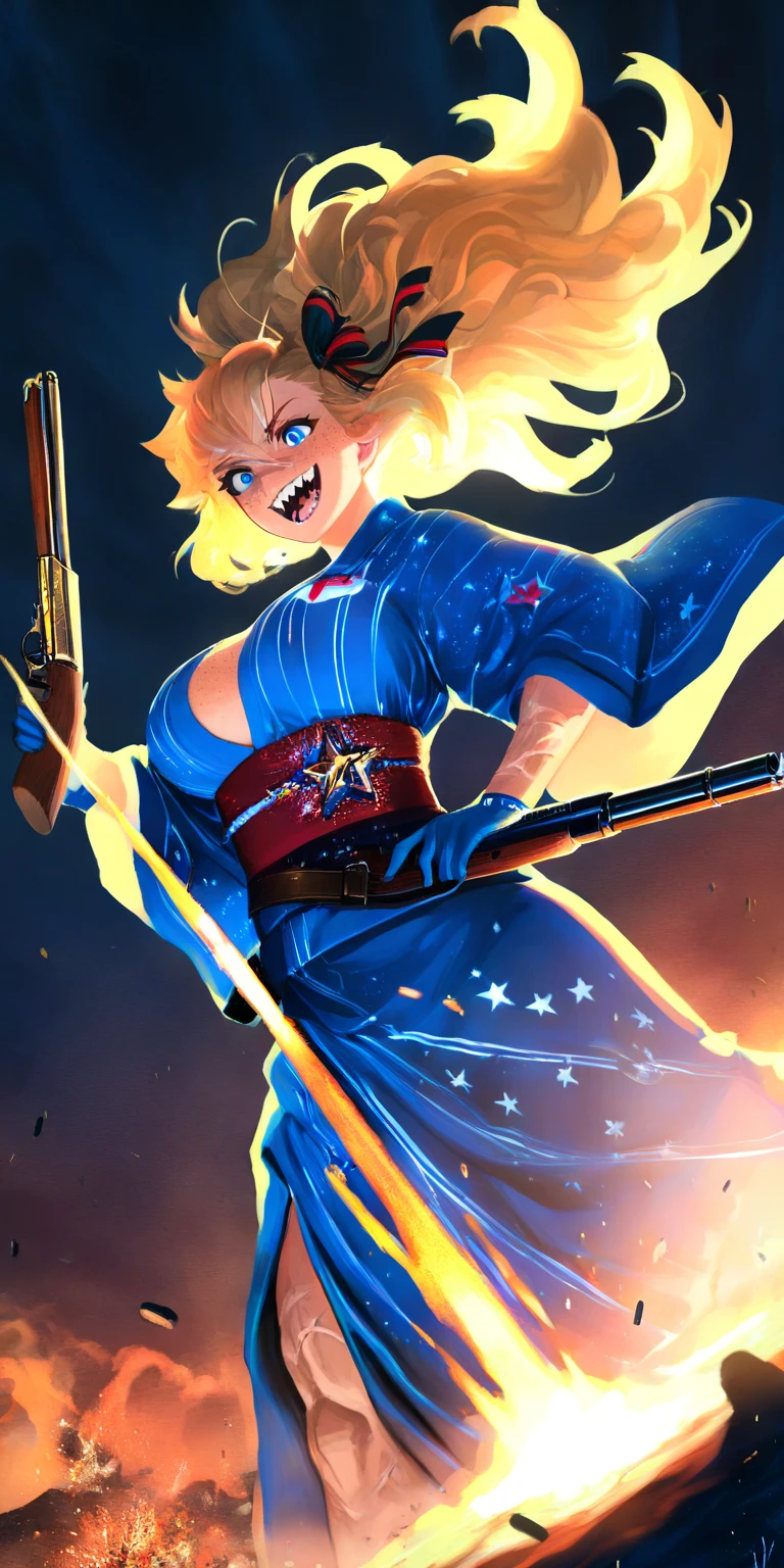 1girl\(american,(blonde),big hair ribbon,tatoo,(Freckles),(Muscular), big blue eyes,beautiful eyes,big breast,wearing beautiful yukata\(american flag\(Stars and stripes\) design\),holding shotgun, shooting, Grenades exploding, gun belts, wavy hair long hair,floating hair, (scar on face),open mouth,smile, sharp teeth, tongue, drinking Tequila by Bottle,dynamic action, dynamic angle,mad eyes\) at (kyoto japan), so many (zombie around), apocalips, dooms day,red black sun. BREAK .quality\(8k,wallpaper of extremely detailed CG unit, high resolution, top-quality, top-quality real texture skin, hyper realistic, increase the resolution, RAW photos, best quality, highly detailed, the wallpaper, golden ratio, high saturation realism, vibrant colors, dramatic lighting, persuasive storytelling, atmospheric scenery, captivating visuals, intricate details, strong emotions, dreamlike world\),dynamic angle,dutch angle,action movie,