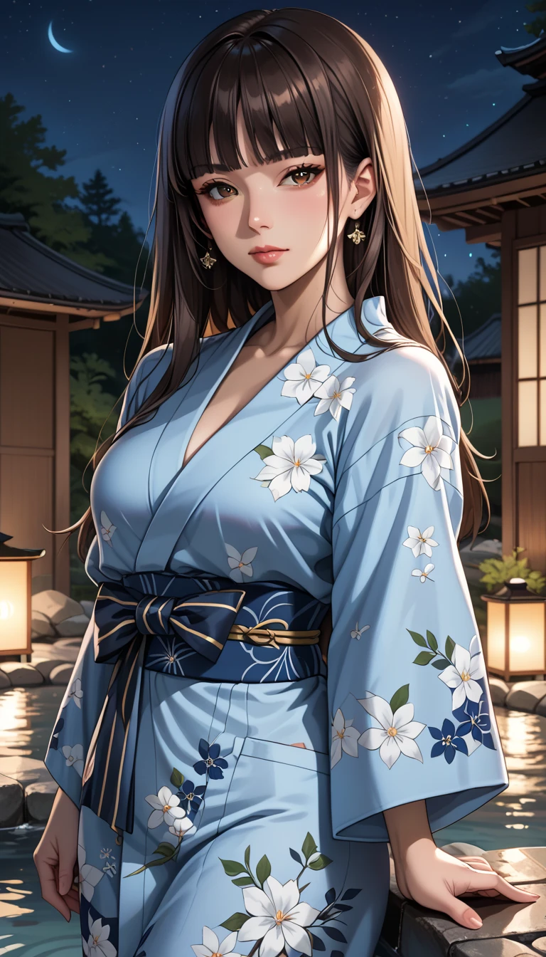 score_9, score_8_up, score_7_up, source_anime, 4n1v3rs3, rating_safe, BREAK nishizumi shiho, 1girl, mature female, blunt bangs, long hair, brown hair, straight hair, brown eyes,Japanese clothing, yukata, dark blue yukata, white floral pattern, hot spring inn, standing, cowboy shot, relaxed look, closed mouth, looking at viewer, from front,  sunset, night sky, 