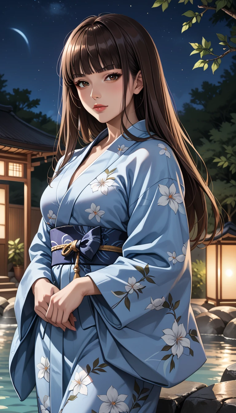 score_9, score_8_up, score_7_up, source_anime, 4n1v3rs3, rating_safe, BREAK nishizumi shiho, 1girl, mature female, blunt bangs, long hair, brown hair, straight hair, brown eyes,Japanese clothing, yukata, dark blue yukata, white floral pattern, hot spring inn, standing, cowboy shot, relaxed look, closed mouth, looking at viewer, from front,  sunset, night sky, 