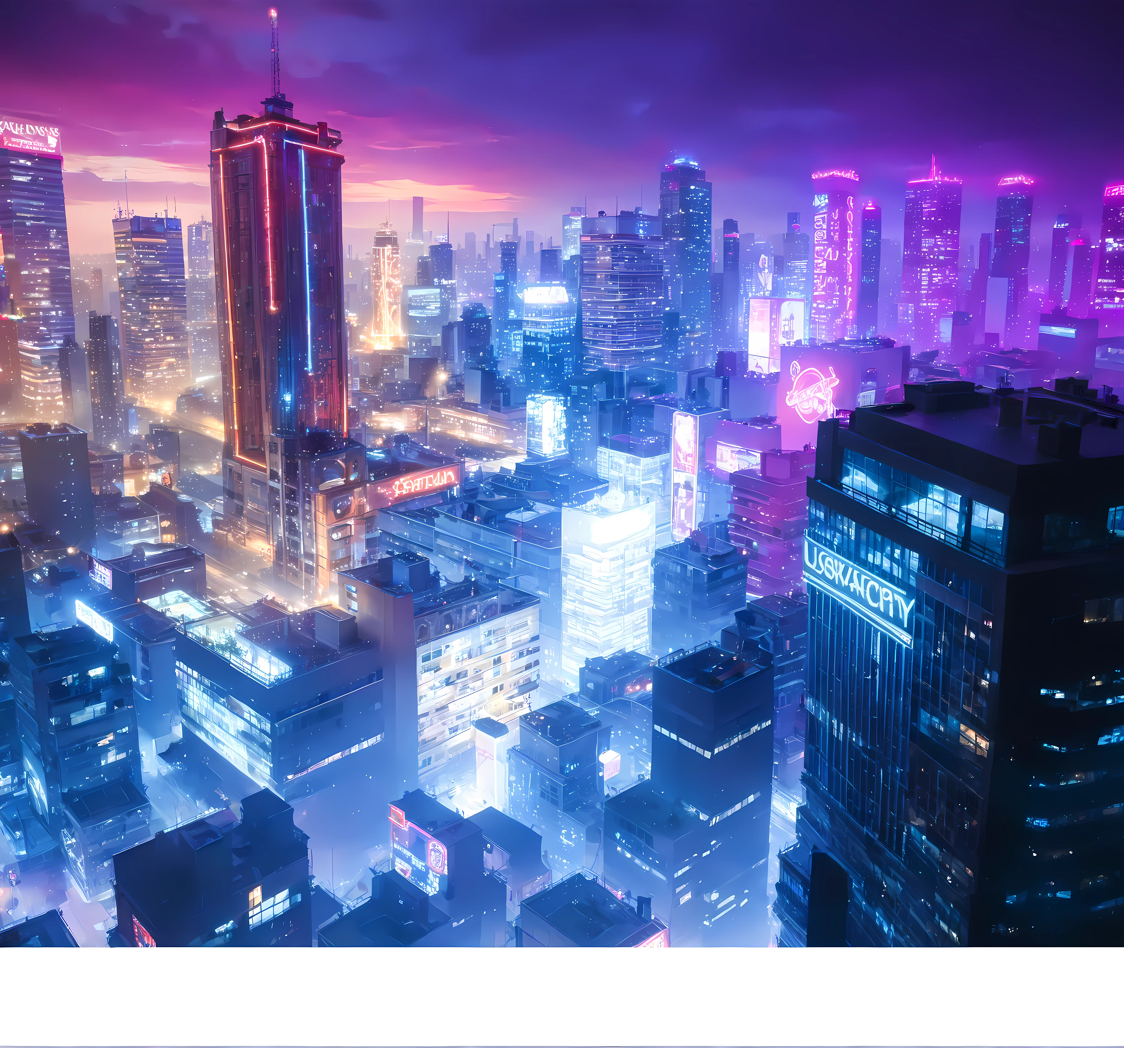  Aerial view of the city ，Night view of the sunset ， On the left is a sunset orange red sunset ， On the right is a purple neon light of the city ， Night view of the city neon lights ， Close up of an office building on the right， More skyscraper details，Clear city buildings ， Skyscrapers are patchwork with low buildings ， Houses looming in the distance ， Highly saturated blue lighting ，UE5 Rendering，3D Rendering，Lumen lighting rendering ，Light and shadow enhancement