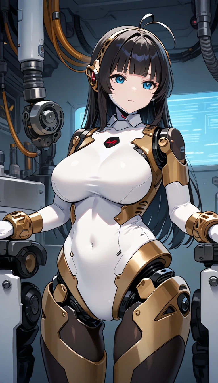 masterpiece, best quality, extremely detailed, (8K, 4K, Best Quality, hight resolution, 超A high resolution:1.1), ,8k portrait, Japaese android Girl,Plump , dark black leg cover,announcer,control panels,android,Droid,Mechanical Hand, Robot arms and legs, Black Robot Parts,Black long hair,Mechanical body,Blunt bangs,perfect mechanical abdomen,White robotics parts,perfect robot woman,future laboratory,cyber pank,charging spot,laboratory,long tube,thick cable connected her neck,white ceramic body ,perfect mechanical body, white robot body,lod antenna,mechanical ear cover,android,robot humanoid,black sponge joints,The removable cover is in the groin,The connection port is in the groin,opened chest panel,access panel on the chest,opened breast panel,perfect mechanical breast,perfect black machine body,perfect black android body,She has repaired,assembly plant,dark black tights,dark black leggings,smile,pussy,no human skin,visor