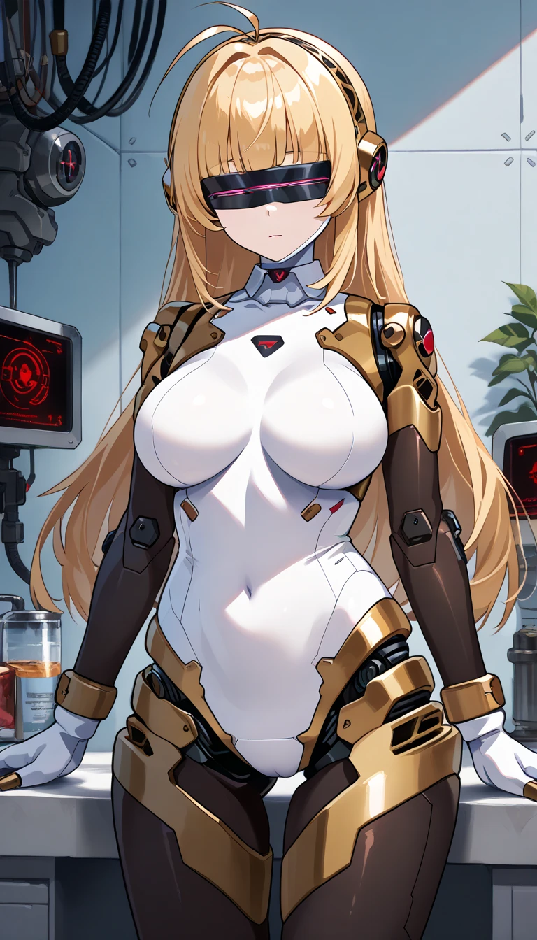 masterpiece, best quality, extremely detailed, (8K, 4K, Best Quality, hight resolution, 超A high resolution:1.1), ,8k portrait, Japaese android Girl,Plump , dark black leg cover,announcer,control panels,android,Droid,Mechanical Hand, Robot arms and legs, Black Robot Parts,Black long hair,Mechanical body,Blunt bangs,perfect mechanical abdomen,White robotics parts,perfect robot woman,future laboratory,cyber pank,charging spot,laboratory,long tube,thick cable connected her neck,white ceramic body ,perfect mechanical body, white robot body,lod antenna,mechanical ear cover,android,robot humanoid,black sponge joints,The removable cover is in the groin,The connection port is in the groin,opened chest panel,access panel on the chest,opened breast panel,perfect mechanical breast,perfect black machine body,perfect black android body,She has repaired,assembly plant,dark black tights,dark black leggings,smile,pussy,no human skin,visor