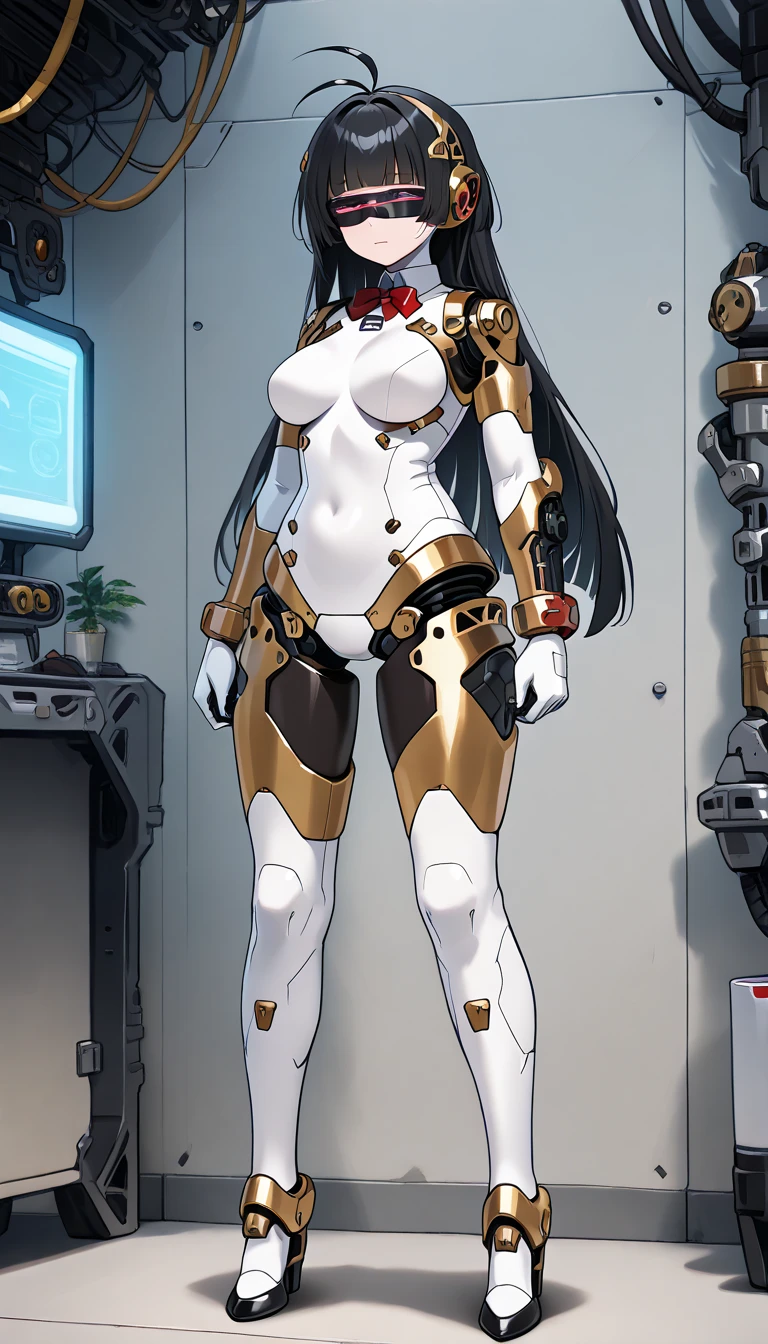 masterpiece, best quality, extremely detailed, (8K, 4K, Best Quality, hight resolution, 超A high resolution:1.1), ,8k portrait, Japaese android Girl,Plump , dark black leg cover,announcer,control panels,android,Droid,Mechanical Hand, Robot arms and legs, Black Robot Parts,Black long hair,Mechanical body,Blunt bangs,perfect mechanical abdomen,White robotics parts,perfect robot woman,future laboratory,cyber pank,charging spot,laboratory,long tube,thick cable connected her neck,white ceramic body ,perfect mechanical body, white robot body,lod antenna,mechanical ear cover,android,robot humanoid,black sponge joints,The removable cover is in the groin,The connection port is in the groin,opened chest panel,access panel on the chest,opened breast panel,perfect mechanical breast,perfect black machine body,perfect black android body,She has repaired,assembly plant,dark black tights,dark black leggings,smile,pussy,no human skin,visor