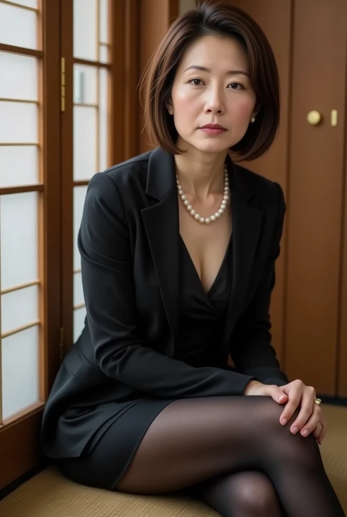 (( 1 woman , The most beautiful face in Japan ,40 years,,Mature Woman,Wrinkles on the outer corner of the eyes stand out , detailed face , perfect gas chamber , stares at the camera, Please see here )),((((  black shirt ,Black suit jacket, black skirt ,Black mourning clothes)))),(( pearl necklace ,Classy hairstyle, Natural Makeup, my breasts are very bulging ,I'm showing a glimpse of my cleavage, large full breasts, black pantyhose with middle finger of left hand, Look at those naughty thighs ,Smile here, frowns,  Saggy Eyebrows , stare at them with a cute expression,Japanese-style roomに座って,Japanese-style room,Shoji screen,,Building Zuien, sit on a cushion in a Japanese room, stares at the camera, camera , take a picture from above my knee )),((Please refer to this, Please see here ,Perfect means,Perfect Arms, Sensation  , top quality , Ultra Fine, Perfect Anatomy, high-definition RAW color photo staring at your feet, Professional Photo Shoot,  very delicate and beautiful,  very detailed, FINE DETAILS,  The file size is big, highest image quality taken by Ki,8k, Award-winning works ,masterpiece))
