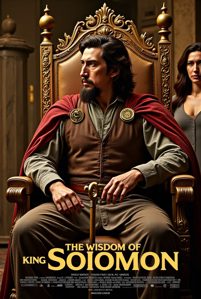 Movie poster, title is dancing decoration white letter "wisdom of Solomon" writhing bottom screen, leading actor is Adam Driver, background another actress , etc, Side view,  Sitting pose,  King Solomon is sitting gorgeous lion design chair,  1 Jewish man, 50 -age, bread, serous, king gold crown with 6 horn, (ancient wool cloths, leather belt with gold buckle,  red clock) leather sandal, hand hold golden shepherd type long cane,  in king palace , noon, summer,  (textured skin , HI detail skin , slightly, Canon, 8k, anatomically accurate , super detailed, attention to detail, Your Highness) 