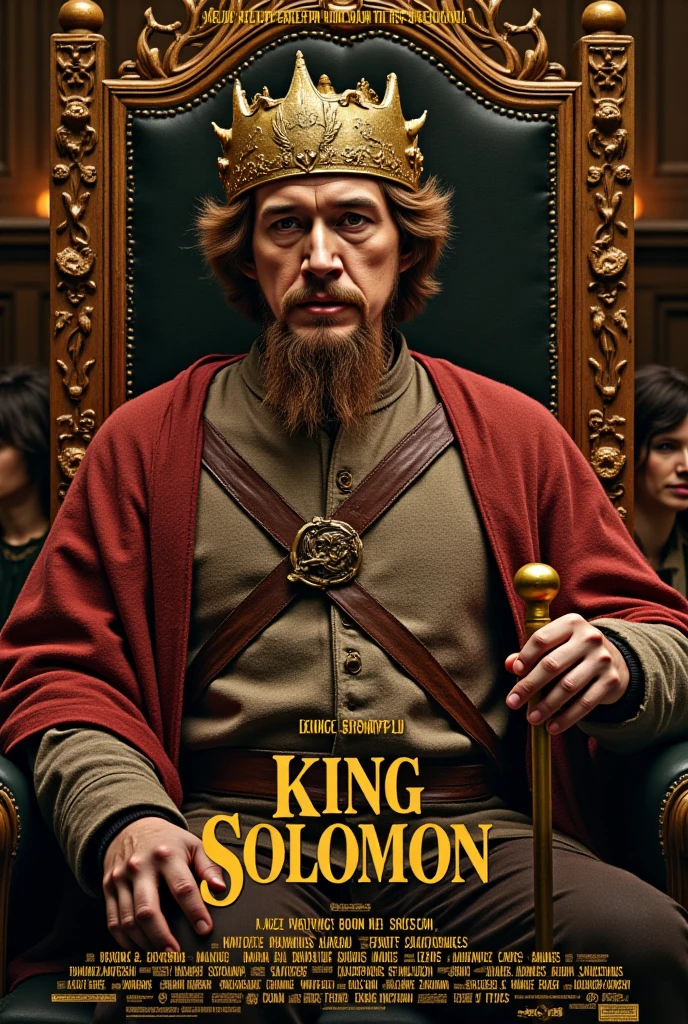 Movie poster, title is dancing decoration white letter "wisdom of Solomon" writhing bottom screen, leading actor is Adam Driver, background another actress , etc, Side view,  Sitting pose,  King Solomon is sitting gorgeous lion design chair,  1 Jewish man, 50 -age, bread, serous, king gold crown with 6 horn, (ancient wool cloths, leather belt with gold buckle,  red clock) leather sandal, hand hold golden shepherd type long cane,  in king palace , noon, summer,  (textured skin , HI detail skin , slightly, Canon, 8k, anatomically accurate , super detailed, attention to detail, Your Highness) 