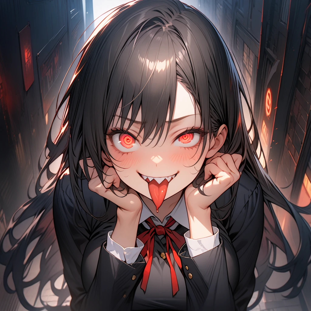 Masterpiece,best quality, (highly detailed CG illustration),very aesthetic,recent,detailed eyes,1 woman,matured female,(looking at viewer),glowing red pupil,black hair,straight long hair,(large breast:1.05),(black highschool uniform,white line,gold button),half-closed eye,BREAK,blood on her face,red blush,(spiral eyes),(mad grin),(yandere smile),tongue licking,hands on own cheek,walking to viewer,(spoken heart:1.3),sharp teeth,night street,(from front)