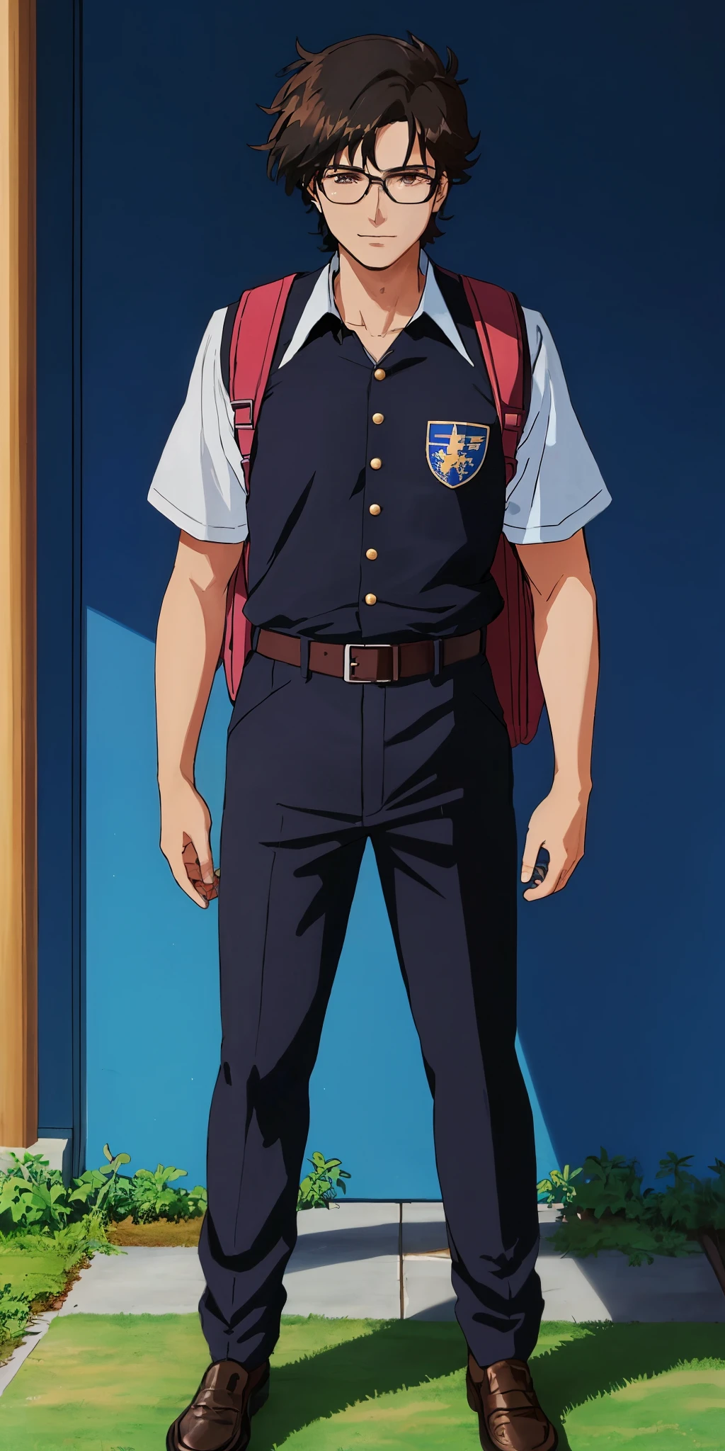 Young Man drawn in 80’s anime art style. 
Retro anime. Vintage Anime. Classical Anime. 
Black Dark Brown HAIR
Messy Hair
(Circle Glasses)
(Round and Circle eyes)
(Light Brown eyes)
(Medium Sized Eyebrows)
(Light Brown Man)
(Medium Muscle)
Smirk

He is wearing a gakuran (School uniform), also called the tsume-eri (Xiejin), is a common japanese style of uniform worn by men, traditionally by high school male students in Japan.

The color is normally black.

The top is usually a long-sleeved shirt with a round or stand-up collar that buttons up and down.
Top has a standing collar buttoning down from top-to-bottom. Buttons are usually decorated with the school emblem to show respect to the school. 

Pants are straight leg and a black or dark-coloured belt is worn with them. A straight cut and high waist, to which is added a black belt.
Males usually wear penny loafers or sneakers with this uniform.

(Dark Black Top)
(Dark Black Pants)

He is wearing a backpack. 
He is visiting a High School.

(Solo)