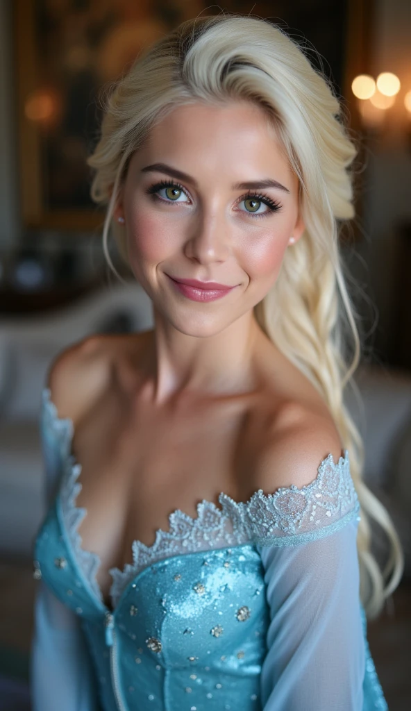 A stunning high angle portrait of piper perri as Elsa puckering her lips, she is sexy , queen of arendelle, young and beautiful, hyper realistic, real portrait, backlit, exquisite features, cleavage, sexy, seductive, interior or an ornate castle ballroom with high ceilings, show skin, blue eyes, she is naked, exposed breasts, puckering her lips in a soft kiss, pink lip gloss