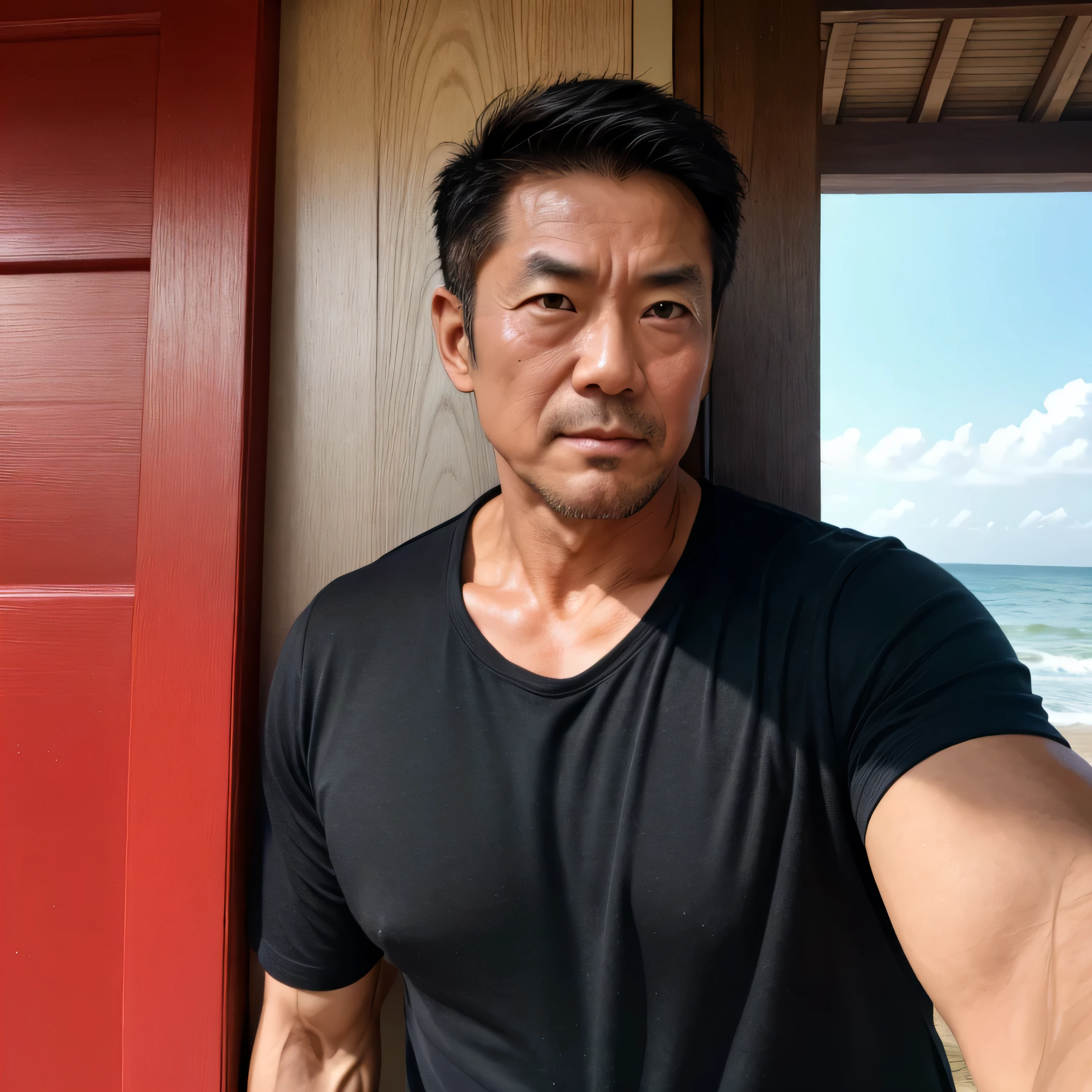 photo, 8k, sharp focus, japanese mature male, male actor, heavy weight male celeb, male black bikini, topless, brown hair, tanned skin, light smile