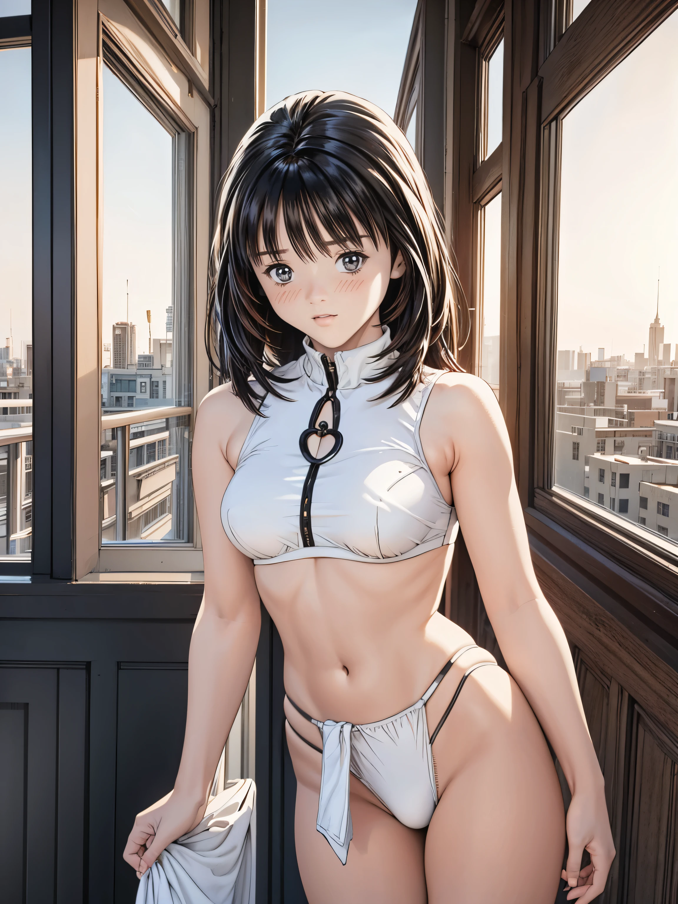 8k、 top quality 、(masterpiece:1.2)、Genuine、Super fine、 super high resolution 、Sunset、 cute、goddess、1 person、 beautiful face、 perfect body、((Black Bob))、 waistline、( has a thin waist:1.3)、 Beautiful skin、 skin texture、Floating Hair、(uniform:1.1)、classroom、 blanking in the heart of the city、(( upper body shot))、 high school girl、 miniskirt、 punch、 white panties