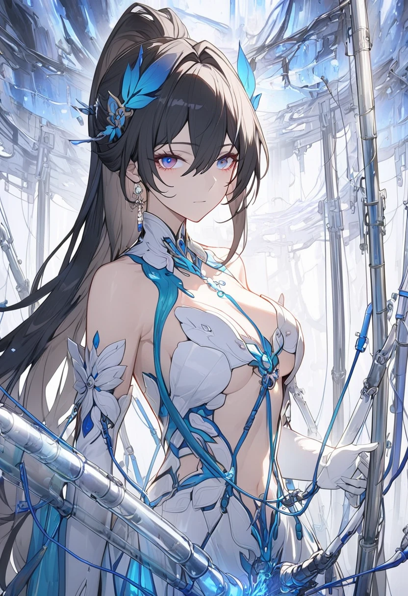 Blue Star,Twin tails,See-through,Top view,Standing on a white floor,See-through,Blue light pattern,sexyデザインのSee-throughボディスーツ,Transparent skin,胸元にBlue Starのデザイン,胸元がSee-throughボディスーツ,Shiny bodysuit,sexy,Big blue light bracelet,Big blue light anklet,Blue light accessories that dig into your thighs,Accentuated chest,Accentuated chest shape,Close-up of face and chest,Bitten crotch