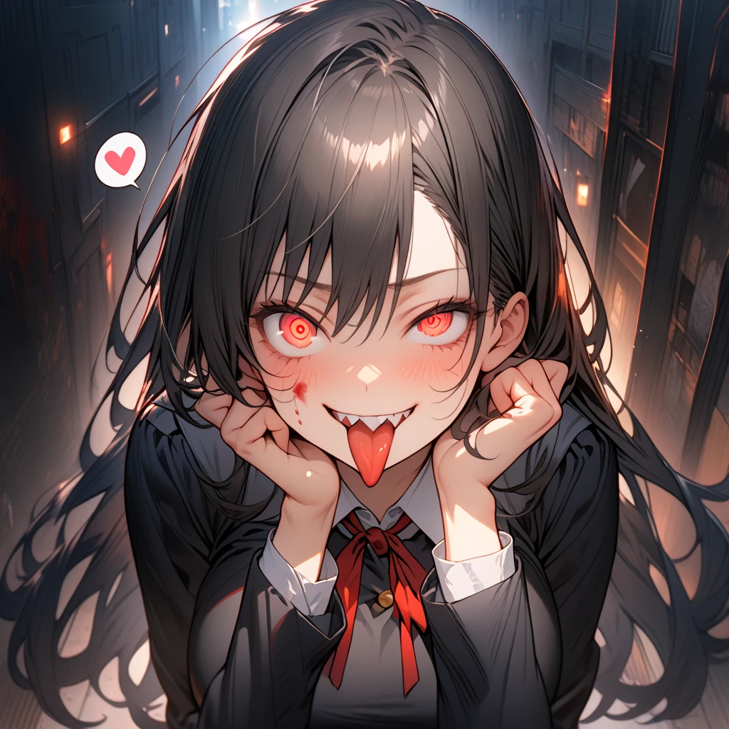 Masterpiece,best quality, (highly detailed CG illustration),very aesthetic,recent,detailed eyes,1 woman,matured female,(looking at viewer),glowing red pupil,black hair,straight long hair,(large breast:1.05),(black highschool uniform,white line,gold button),half-closed eye,BREAK,(blood on her face),red blush,(spiral eyes),(mad grin),(yandere smile),tongue licking,hands on own cheek,walking to viewer,(spoken heart:1.3),sharp teeth,night street,(from front)