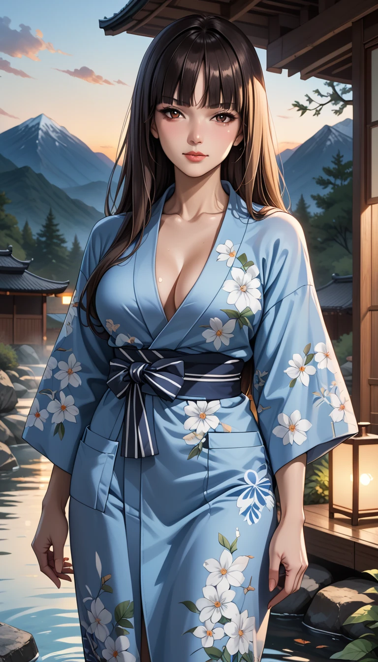 score_9, score_8_up, score_7_up, source_anime, 4n1v3rs3, rating_safe, BREAK nishizumi shiho, 1girl, mature female, blunt bangs, long hair, brown hair, straight hair, brown eyes,Japanese clothing, yukata, dark blue yukata, white floral pattern, hot spring inn, standing, cowboy shot, relaxed look, closed mouth, looking at viewer, from front,  sunset, night sky, 