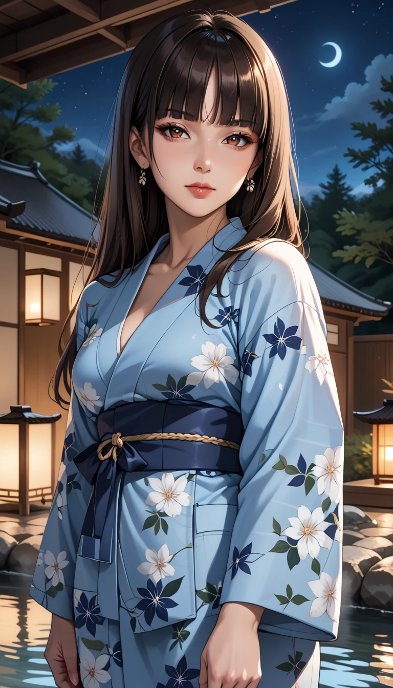 score_9, score_8_up, score_7_up, source_anime, 4n1v3rs3, rating_safe, BREAK nishizumi shiho, 1girl, mature female, blunt bangs, long hair, brown hair, straight hair, brown eyes,Japanese clothing, yukata, dark blue yukata, white floral pattern, hot spring inn, standing, cowboy shot, relaxed look, closed mouth, looking at viewer, from front,  sunset, night sky, 