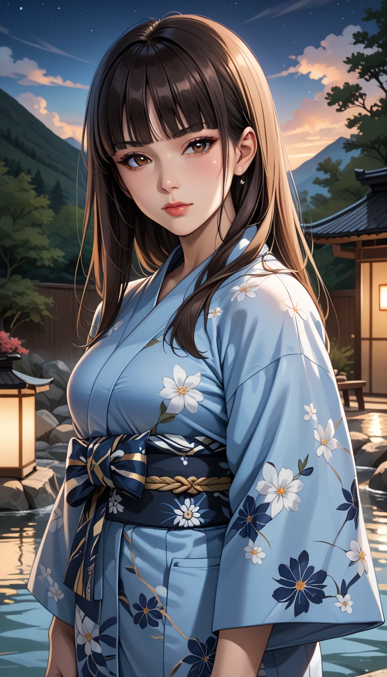 score_9, score_8_up, score_7_up, source_anime, 4n1v3rs3, rating_safe, BREAK nishizumi shiho, 1girl, mature female, blunt bangs, long hair, brown hair, straight hair, brown eyes,Japanese clothing, yukata, dark blue yukata, white floral pattern, hot spring inn, standing, cowboy shot, relaxed look, closed mouth, looking at viewer, from front,  sunset, night sky, 