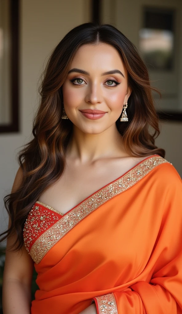 A stunning woman shwetat poses confidently in a stunning saree with deep neck bouse.  Deep cleavage, opened and wavy hair, Her gaze locks onto the camera smiling. The background is expertly blurred, drawing attention solely to her radiant presence. Shot in breathtaking UHD/4K resolution, realistic skin textures