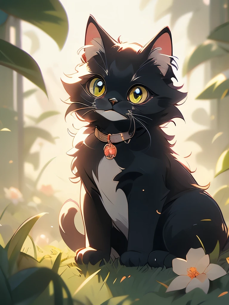 a black cat with glowing eyes sitting in the grass, cute detailed digital art, cute detailed artwork, cute digital art, 🌺 cgsociety, cute art style, adorable glowing creature, cute artwork, jen bartel, by Kubisi art, very very beautiful furry art, with glowing eyes, beeple and jeremiah ketner, cat from the void