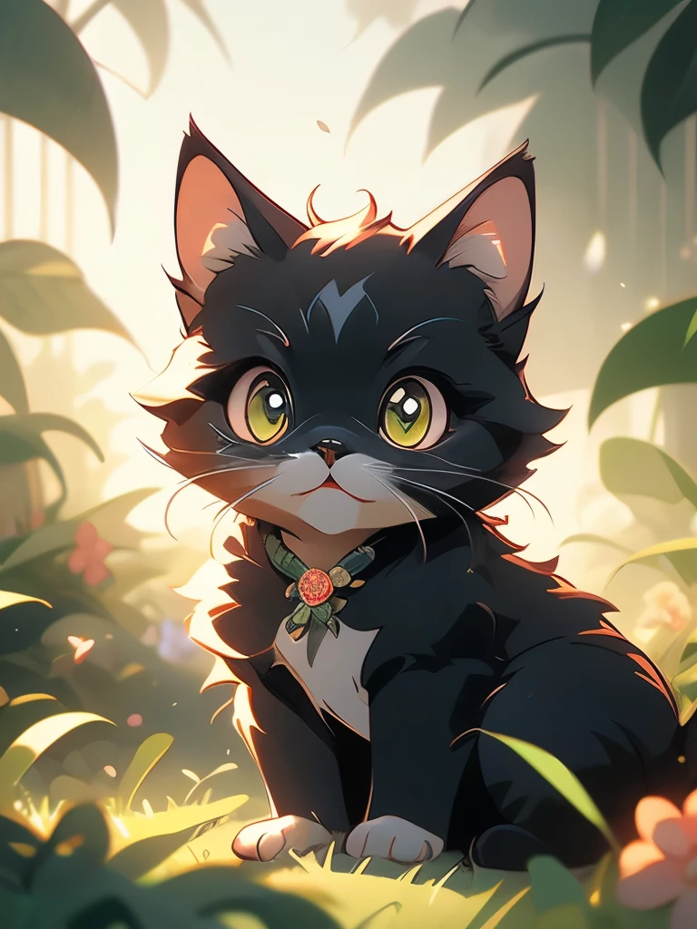 a black cat with glowing eyes sitting in the grass, cute detailed digital art, cute detailed artwork, cute digital art, 🌺 cgsociety, cute art style, adorable glowing creature, cute artwork, jen bartel, by Kubisi art, very very beautiful furry art, with glowing eyes, beeple and jeremiah ketner, cat from the void