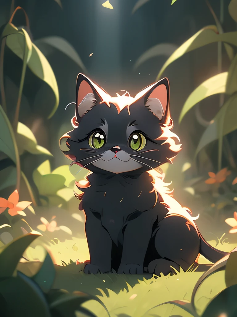 a black cat with glowing eyes sitting in the grass, cute detailed digital art, cute detailed artwork, cute digital art, 🌺 cgsociety, cute art style, adorable glowing creature, cute artwork, jen bartel, by Kubisi art, very very beautiful furry art, with glowing eyes, beeple and jeremiah ketner, cat from the void