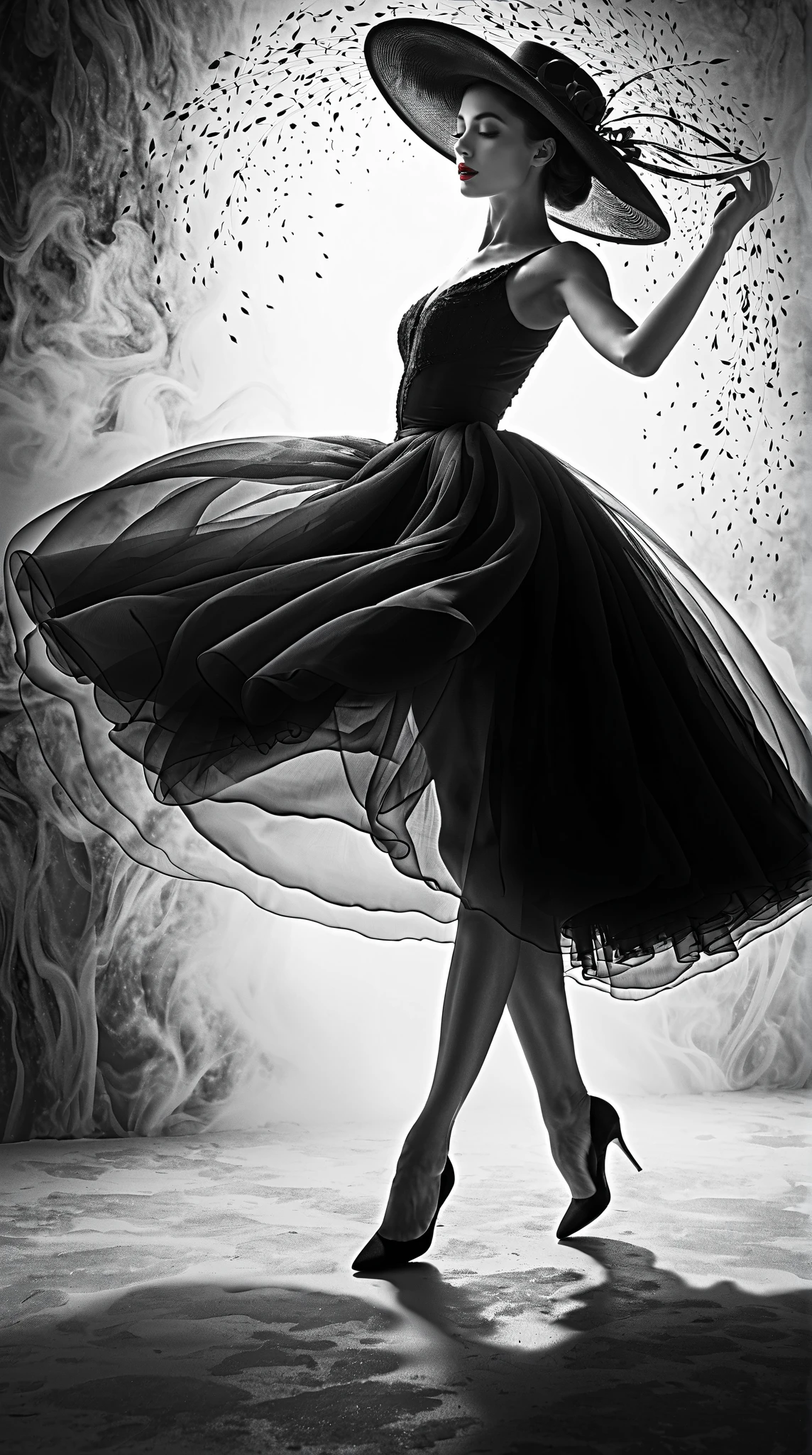 (Art Dance Poster Design)
(Ethereal European dancer gracefully in motion)
(Wearing a flowing 1950s fashion dress, embodying elegance)
Head held high, with fair and flawless skin, high nose bridge
(Face obscured by a large, whimsical hat: 1.37)
(Poignant expression, extremely slender and delicate limbs: 1.1)
(Bare hands and feet, exuding grace)
Surrounded by swirling mist, evoking a noble temperament
Black and white illustrations with a dreamy ink painting style
Flowing black hair styled in soft waves, adorned with red lipstick, red and black dress elegant high details high class unique 
Surrealism meets contemporary art photography
Illustrative action painting with abstract expressionism
Depth of field enhancing the motion blur, creating a mystical aura
Backlit with falling shadows and a gradual halo effect
Layers scaling upwards from the base, creating a sense of ascent
Captured through Sony FE GM, UHD quality
A masterpiece of accuracy, textured skin, and super details
High-quality, award-winning art at a stunning 16k resolution