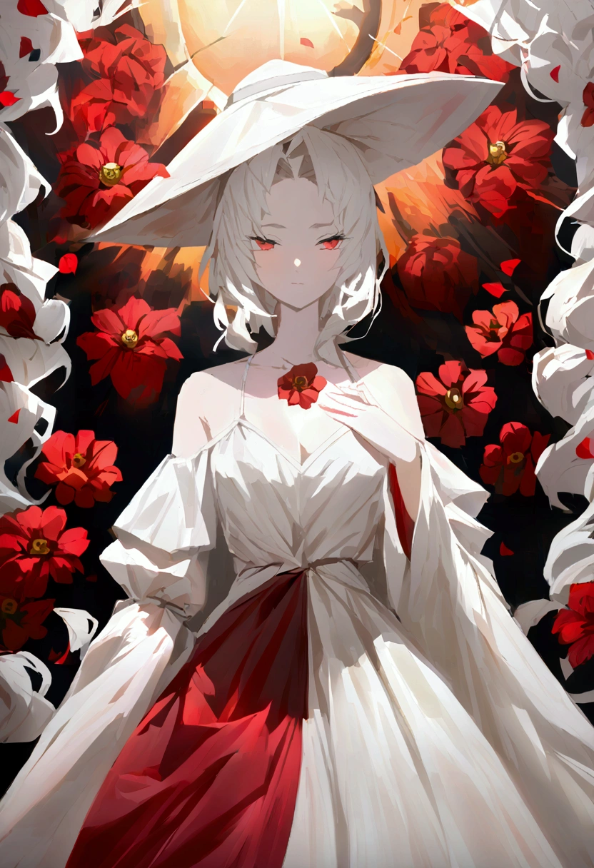 A young woman with long white hair with red tips, red eyes, and a large chest, wearing a white off-the-shoulder dress and a large white hat with a red flower on it. 