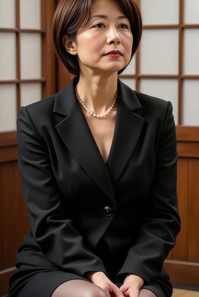 (( 1 woman , The most beautiful face in Japan ,40 years,,Mature Woman,Wrinkles on the outer corner of the eyes stand out , detailed face , perfect gas chamber , stares at the camera, Please see here )),((((  black shirt ,Black suit jacket, black skirt ,Black mourning clothes)))),(( pearl necklace ,Classy hairstyle, Natural Makeup, my breasts are very bulging ,I'm showing a glimpse of my cleavage, large full breasts, black pantyhose with middle finger of left hand, Look at those naughty thighs ,Smile here, frowns,  Saggy Eyebrows , stare at them with a cute expression,seiza,sit on a cushion,Japanese-style room,Shoji screen,,Building Zuien, stares at the camera, camera , take a picture from above my knee )),((Please refer to this, Please see here ,Perfect means,Perfect Arms, Sensation  , top quality , Ultra Fine, Perfect Anatomy, high-definition RAW color photo staring at your feet, Professional Photo Shoot,  very delicate and beautiful,  very detailed, FINE DETAILS,  The file size is big, highest image quality taken by Ki,8k, Award-winning works ,masterpiece))
